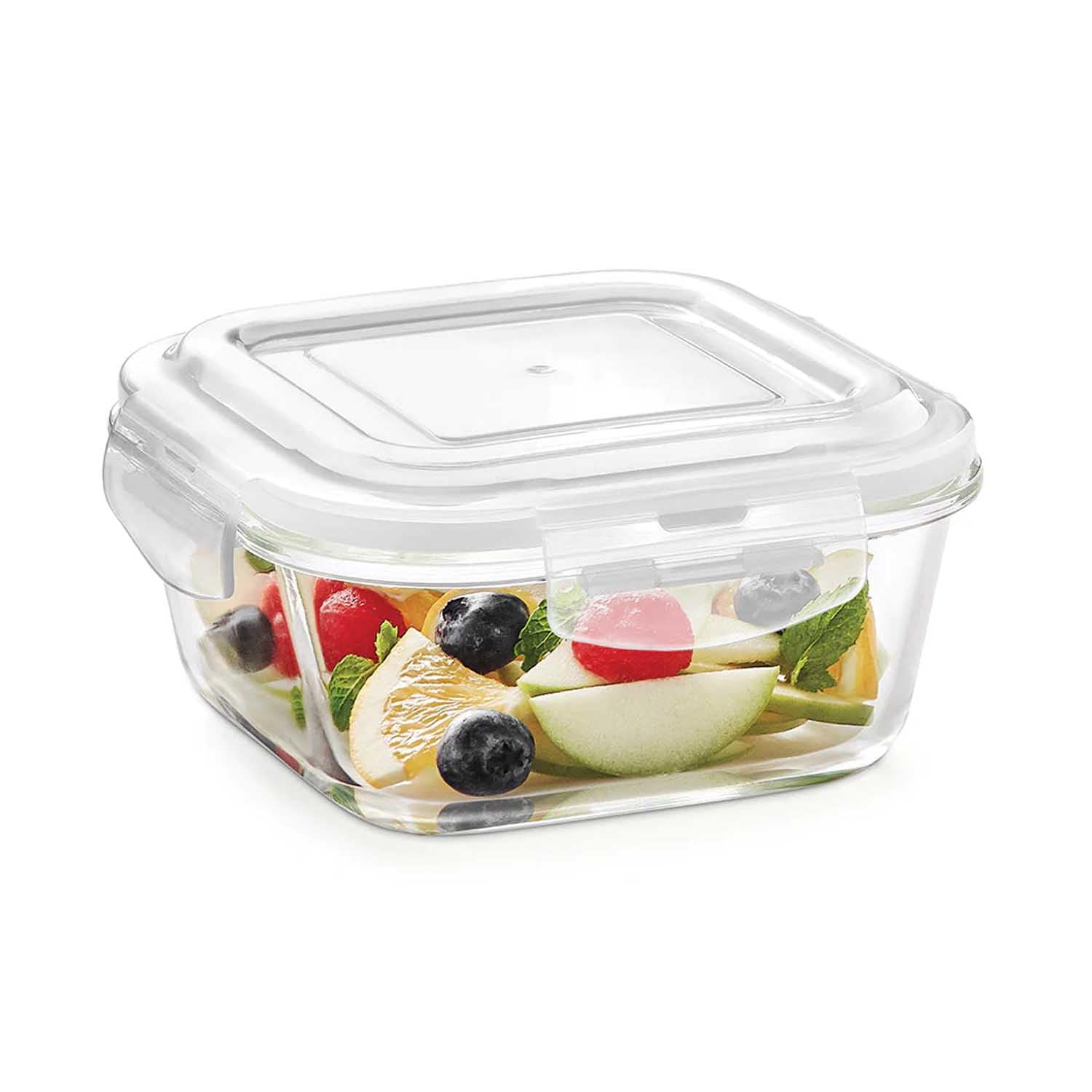 Borosil Klip N Store Glass Storage Container For Kitchen With AirTight Lid, Microwave & Oven Safe, Square, 520 ml, Clear