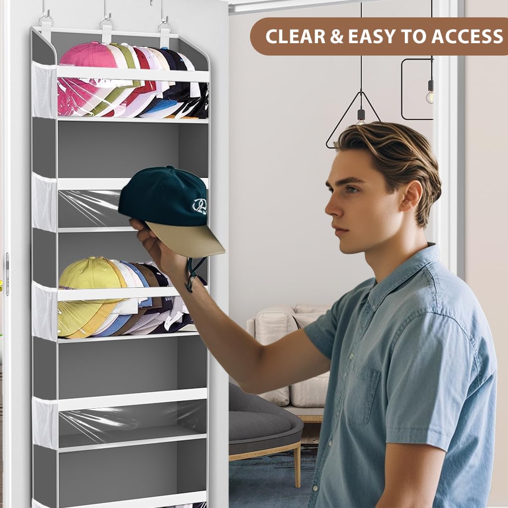 Kyevis Over The Door Hat Organizer For Baseball Caps, Hold Up To 60 Hats Rack Storage For Door/Closet/Wall, Clear Pockets Hangin