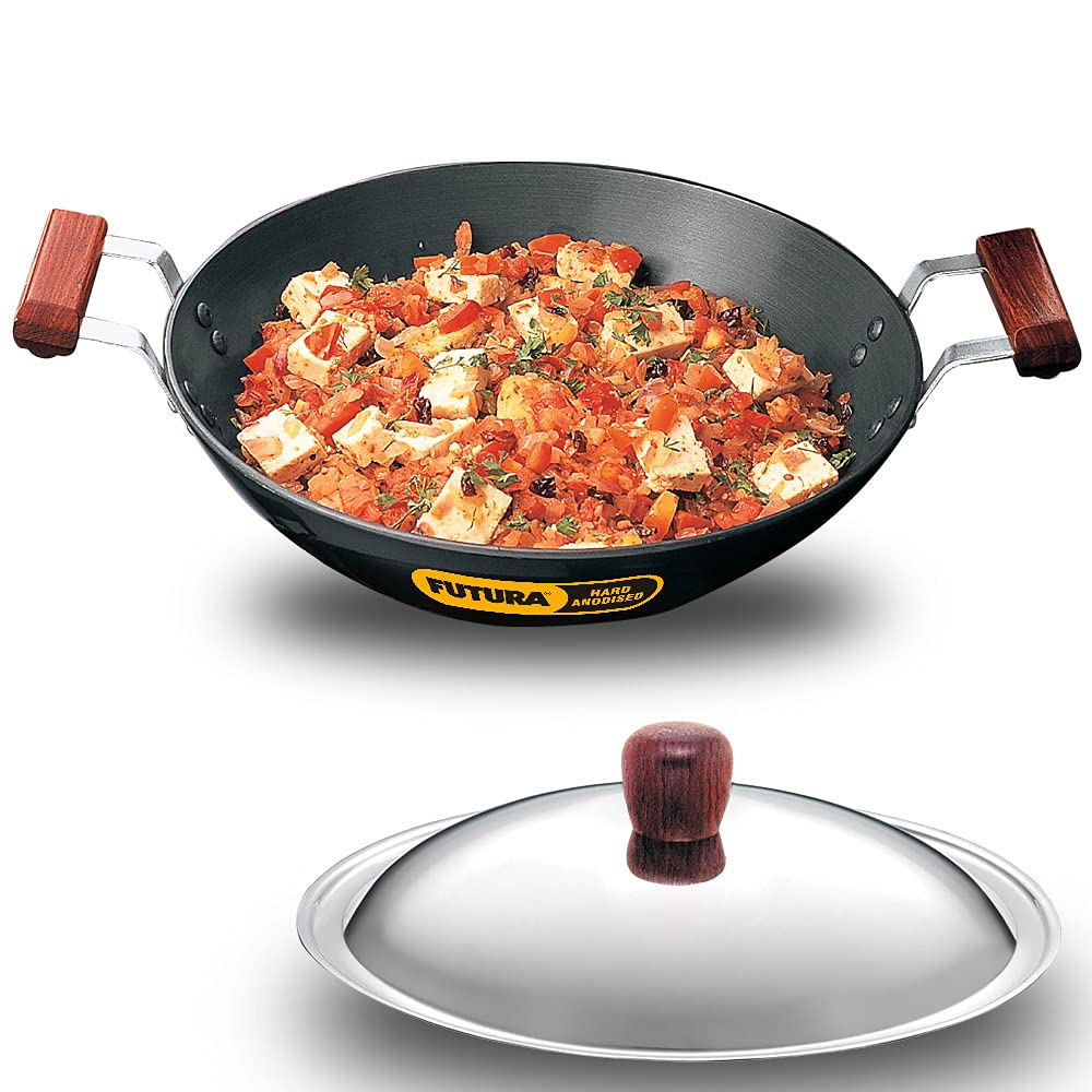 Futura Hawkins Kadhai Steel Lid, 2.5 Liter deep Fry pan, Kadai, Small, Black