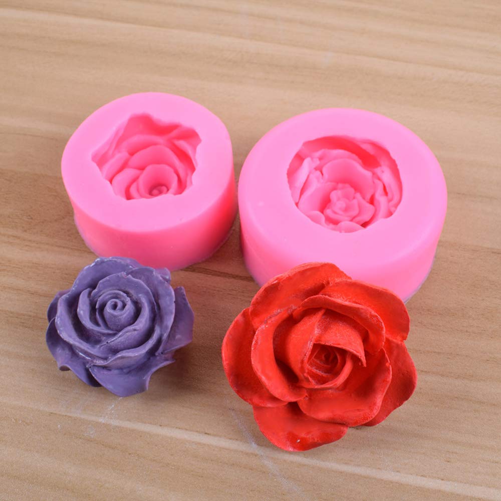 Obtanim 2 Pcs Bloom 3D Rose Flower Fondant Silicone Molds For Chocolate Cake Soap Candy Pastry Candle Dessert (2 Size)