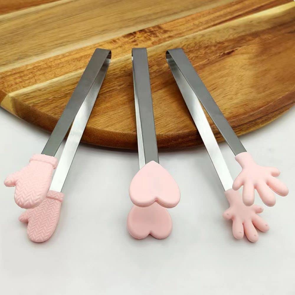 Nentment 3 Pack Mini Dessert Tongs Stainless Ice Cube Clip Pink Hand Heart Glove Shape Small Non-Slip Silicone Baking Bread Tong
