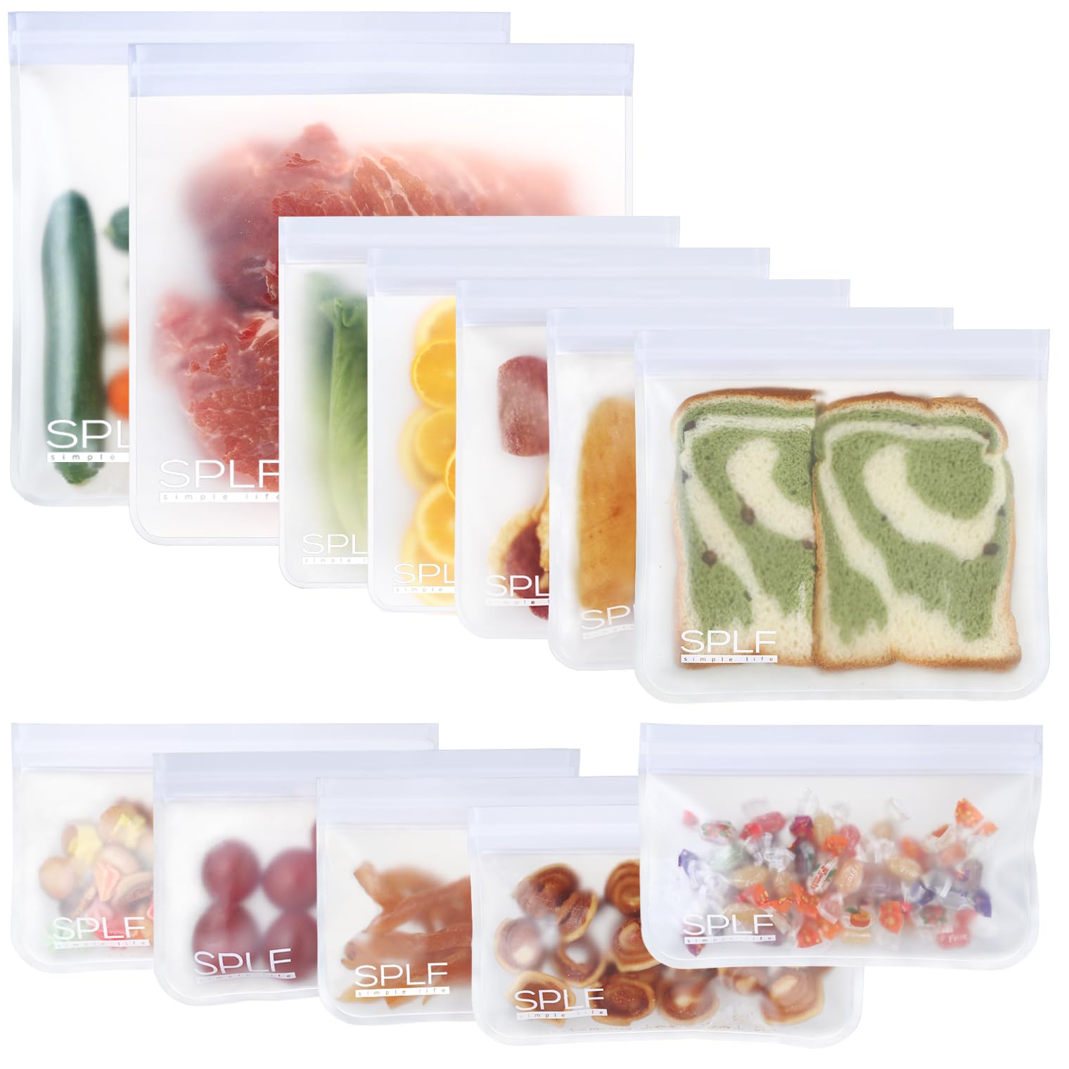 Splf 12 Pack Dishwasher Safe Reusable Storage Bags (5 Sandwich Bags, 5 Snack Bags, 2 Gallon Bags), Bpa Free Freezer Bags Leakpro