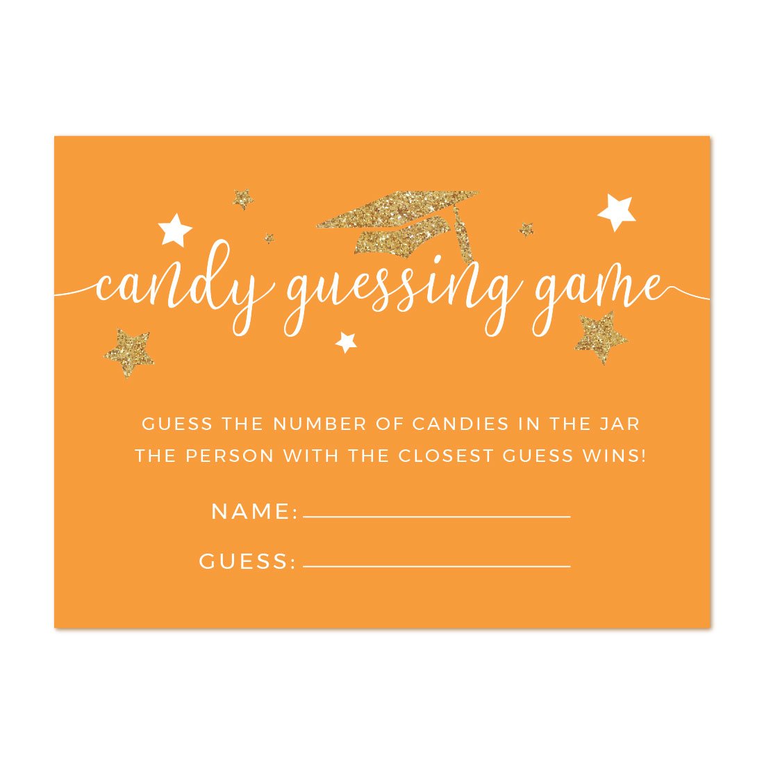 Andaz Press Orange And Gold Glittering Graduation Party Collection, Candy Guessing Game Cards, 30-Pack, Games Activities And Dec