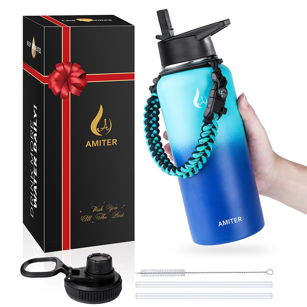 Amiter Insulated Bottle With Straw & Spout Lid, Wide Mouth Stainless Steel Water Bottles With Paracord Handle - 22Oz, 32Oz, 40Oz