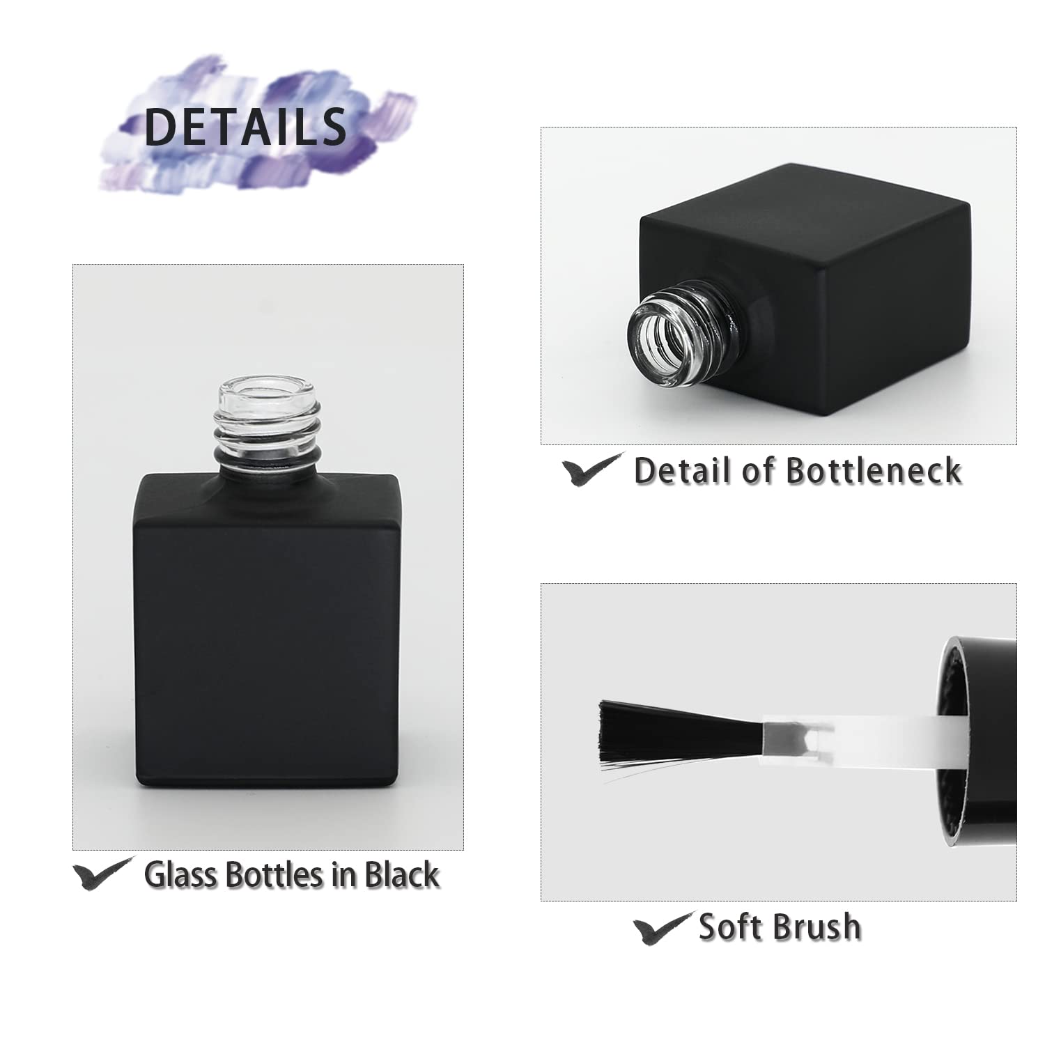 Agidea Empty Nail Polish Bottles With Brush, 10Ml Empty Gel Polish Bottles Black, Opaque Square Glass Refillable Fingernail Poli