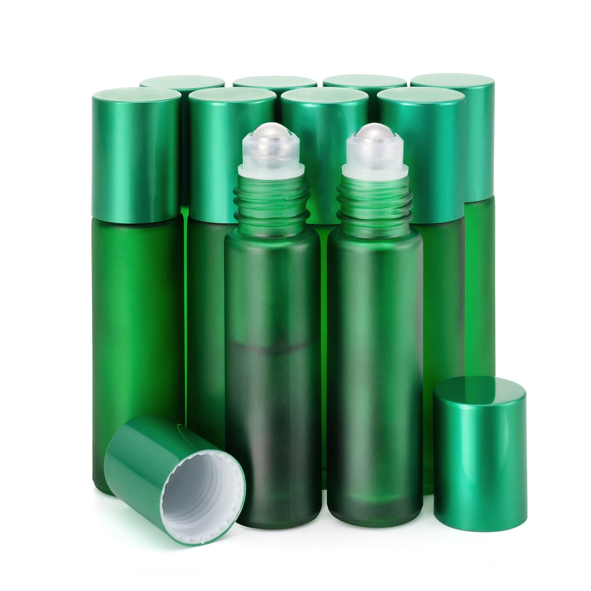 Kesell 10Pcs Empty Roll On Glass Bottles, 10Ml 1/3 Oz Essential Oil Roller Bottles With Stainless Steel Roller Balls - Green Col