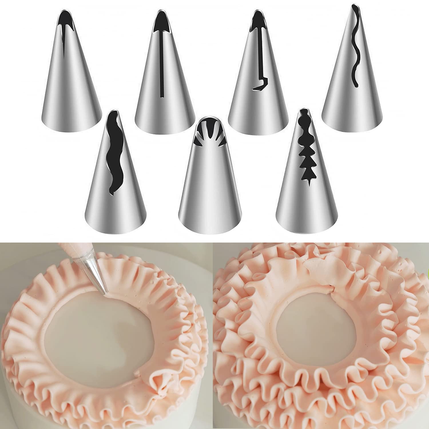 Suuker 7Pcs Pleated Skirt Piping Nozzles Set, Stainless Steel Russian Nozzles Tips Piping Set For Pastry Fondant,Cake Decorating