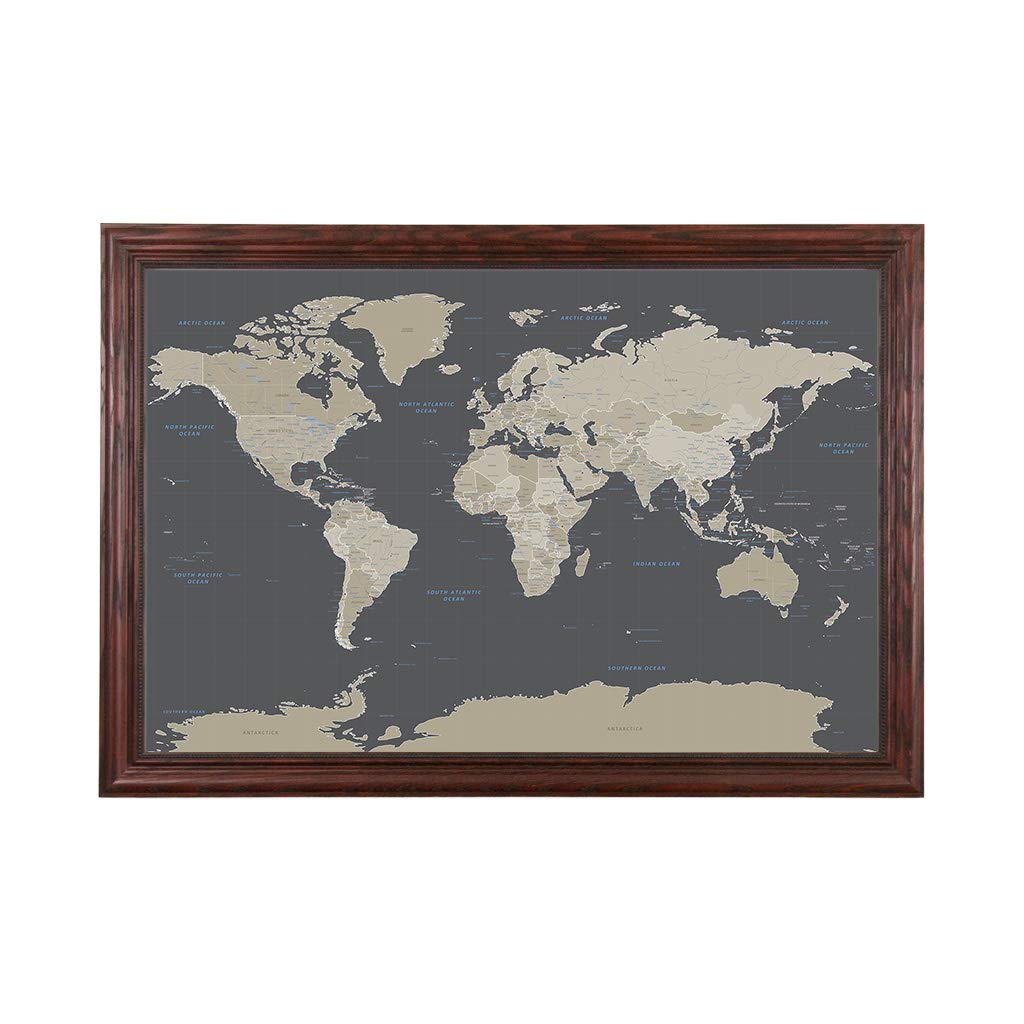 Push Pin Travel Maps - Earth Toned World - Solid Wood Cherry Framed Pin Map For Tracking Your Travels - 27.5'' X 39.5'' - 8 Hand