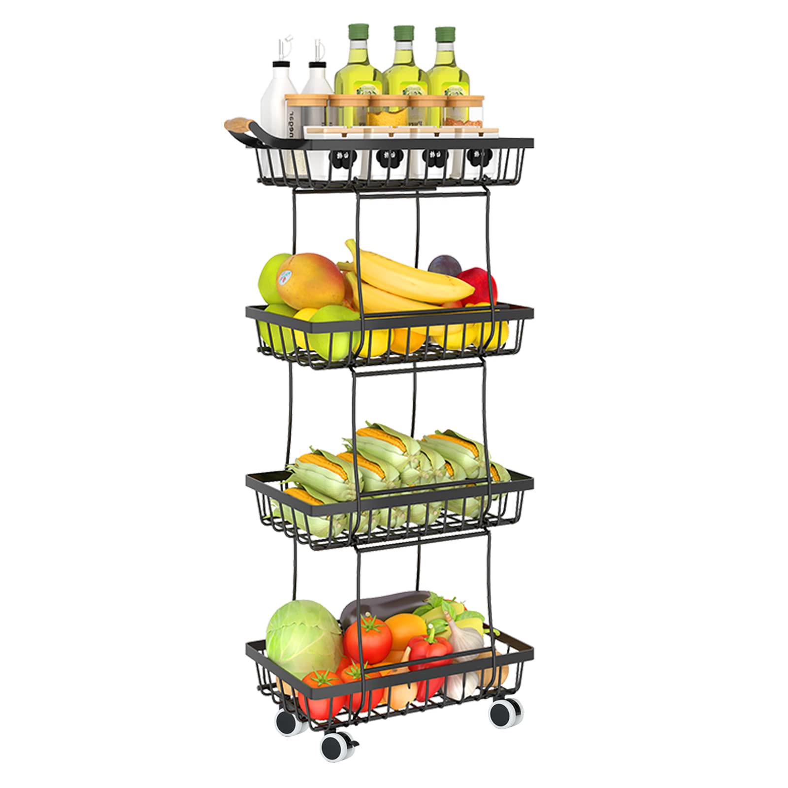 Fruit Vegetable Storage Basket For Kitchen - 4 Tier Slim Stackable Metal Wire Basket Cart With Rolling Wheels Utility Rack Onion