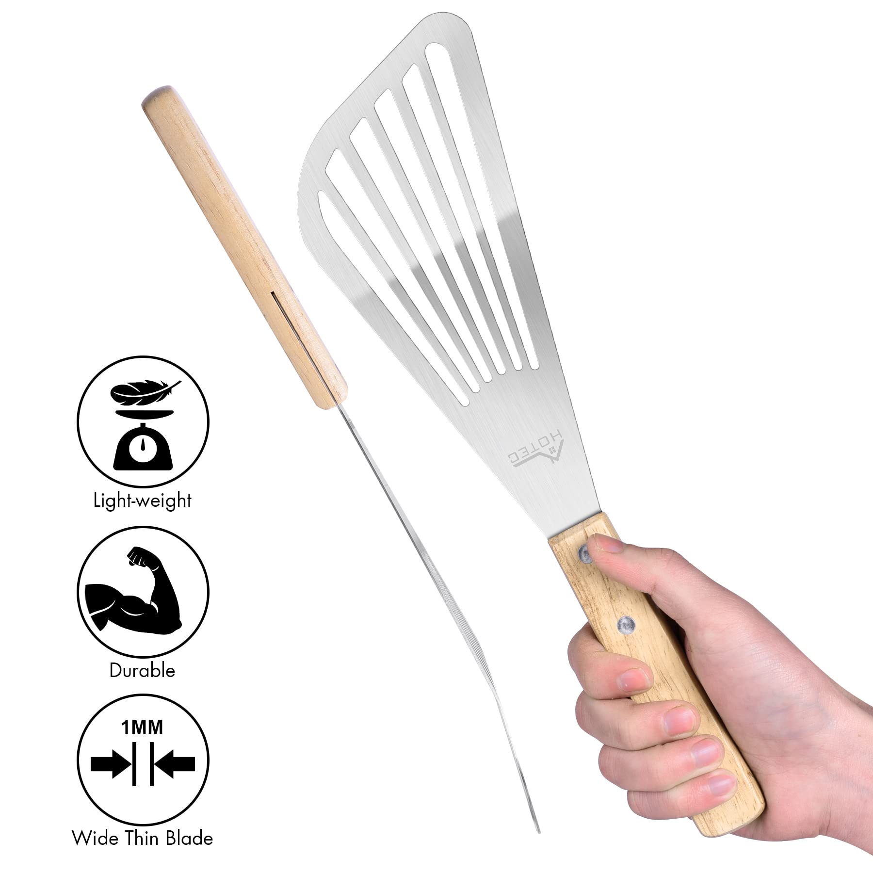 Hotec Stainless Steel Thin Slotted Fish Turner Spatula, Wooden Handle With Sloped Head Design, Durable And Lightweight, Metal Sp