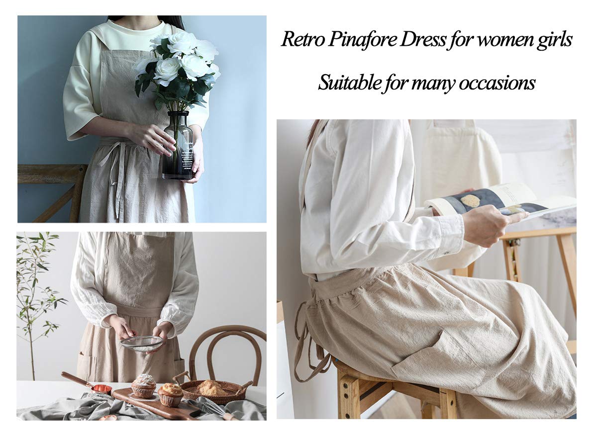 Losofar Women Girls Vintage Apron Adjustable Gardening Works Cross Back Cotton/Linen Blend Aprons Pinafore Dress With Two Pocket