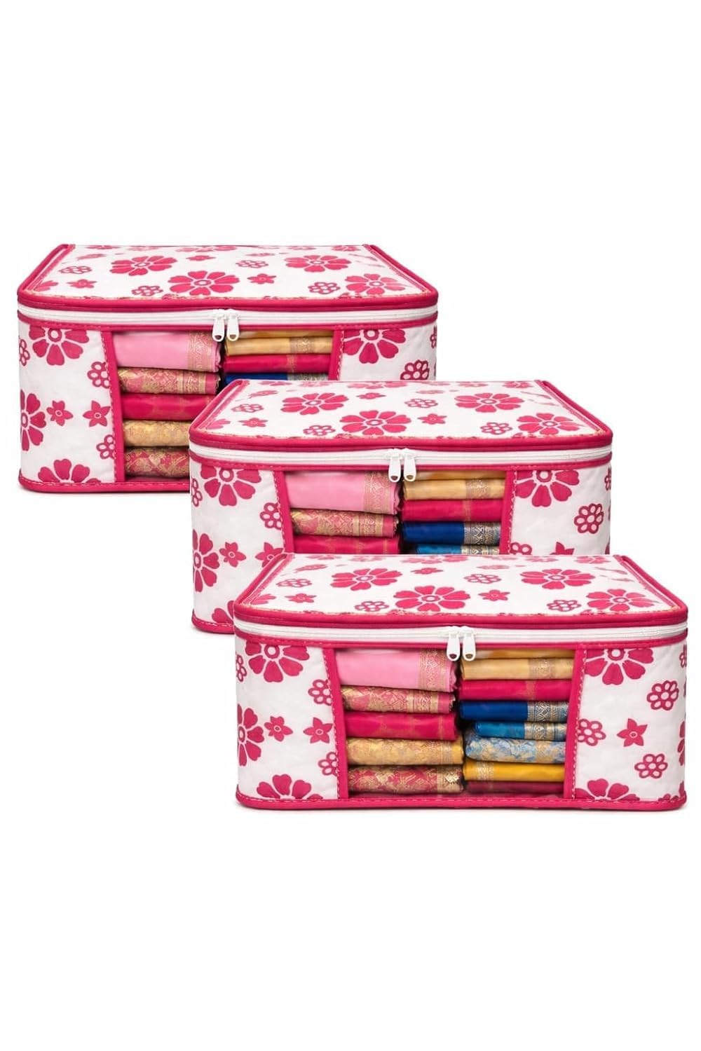 Clothes Storage Organizer Bags With Transparent Front Window And Zip Closure, (Pink & White, Pack Of 3)