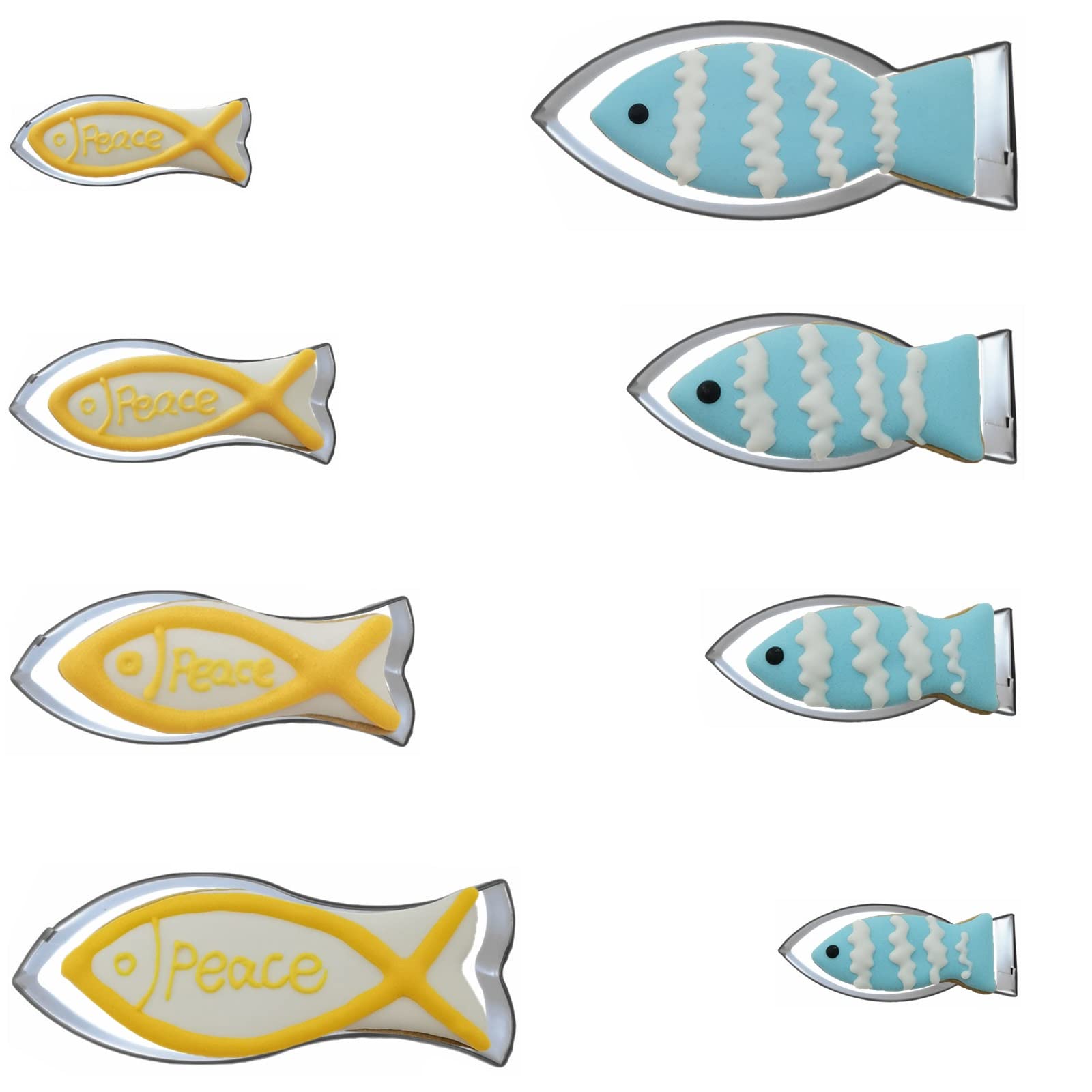 Fish Shaped Cookie Cutter Set Of 8 Pcs, Stainless Steel Jesus Fish Fondant Cutters (4 Pcs Flat Tail Fish + 4 Pcs Fork Tail Fish)