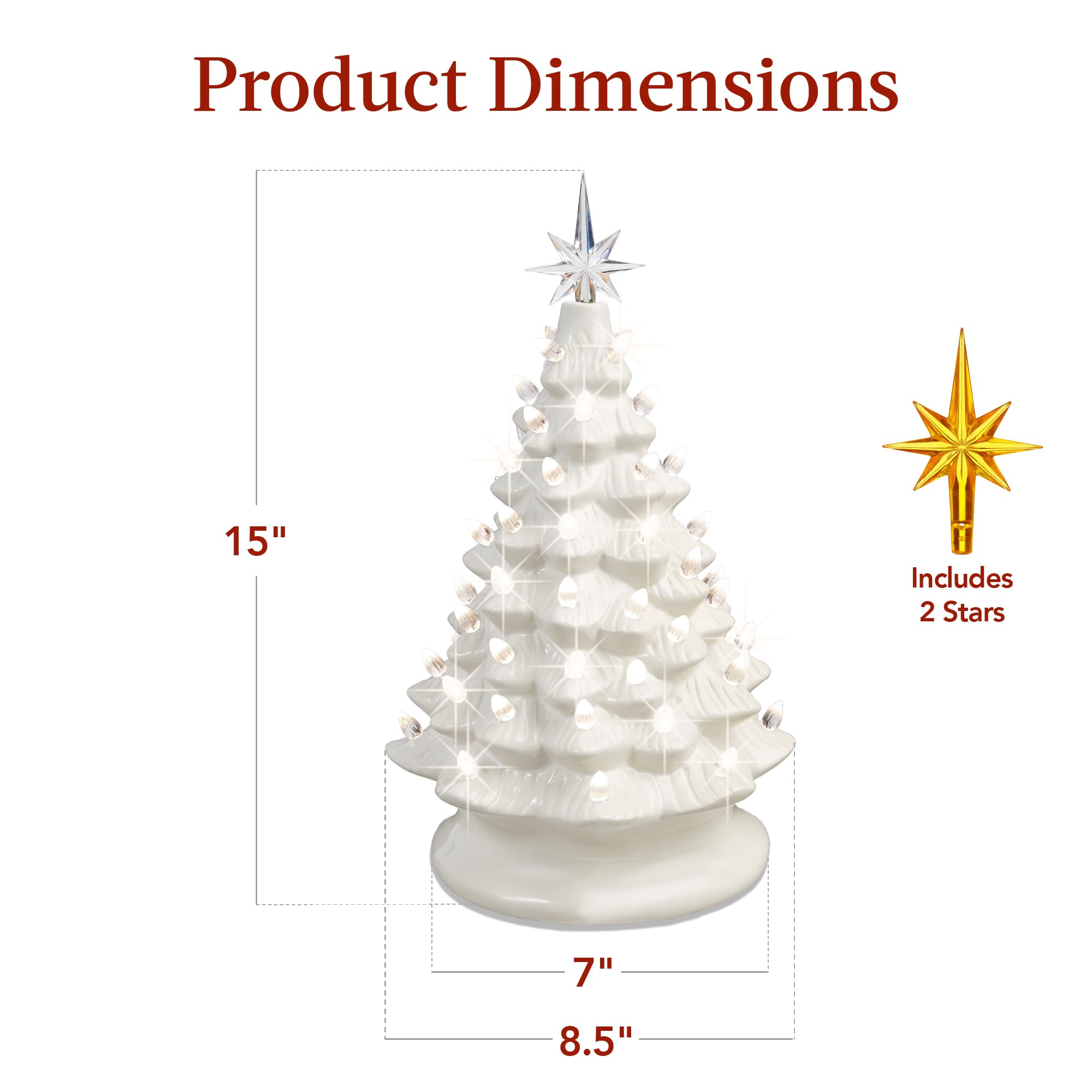Best Choice Products 15in Ceramic Christmas Tree, Pre-lit Hand-Painted Tabletop Holiday Tree, 2 Star Toppers, 64 Lights - White