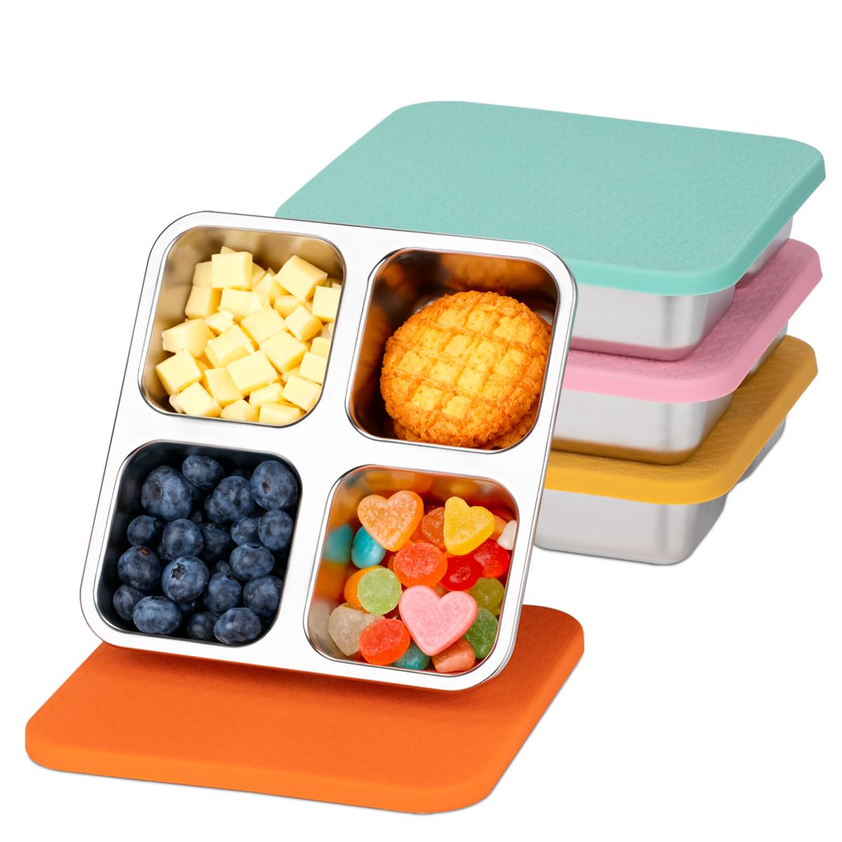 4 Pack Stainless Steel Snack Containers with Lids, Lunchable 4 Compartment