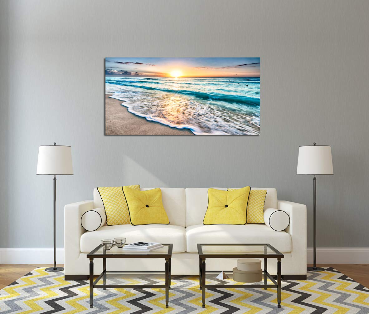Baisuart Canvas Prints Wall Art - Beach Sunset Ocean Waves, 40L x 20W, Framed for Living Room, Bedroom, Office, Model VBPA-21D5I-SD