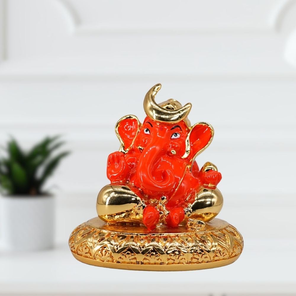 Aarya24Kt Gold Plated Chanda Ganesha With Base |Ganpati Idol For Car Dashboard, Office Desk & Home Temple | Prosperity & Protect