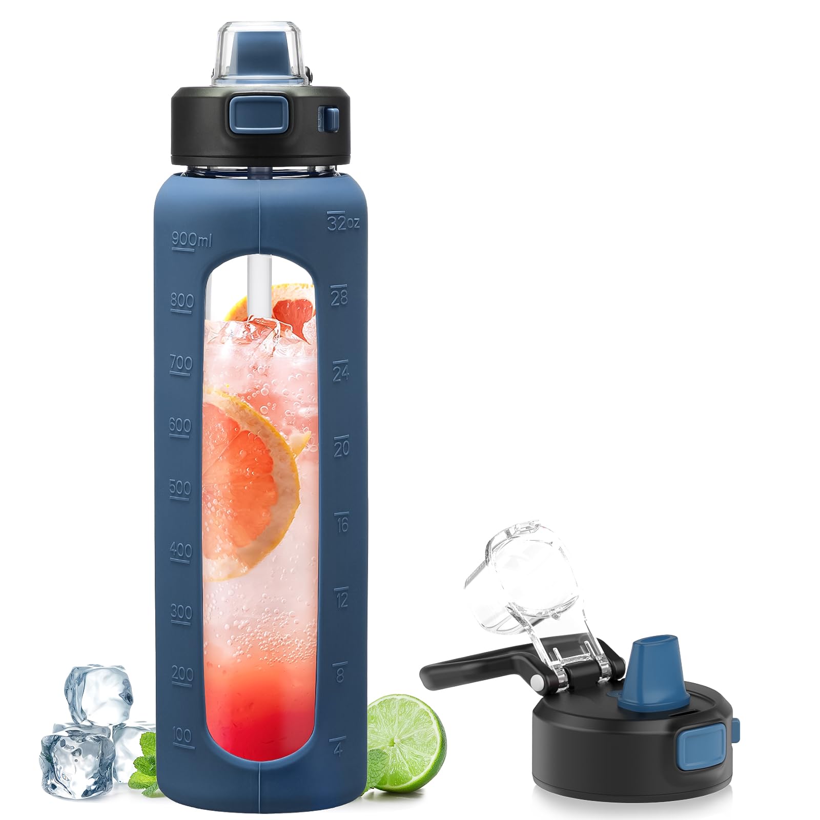 Kodrine 32 oz Glass Water Bottle with Soft Silicone Spout, Locking Lid, and Carry Loop, Navy Blue