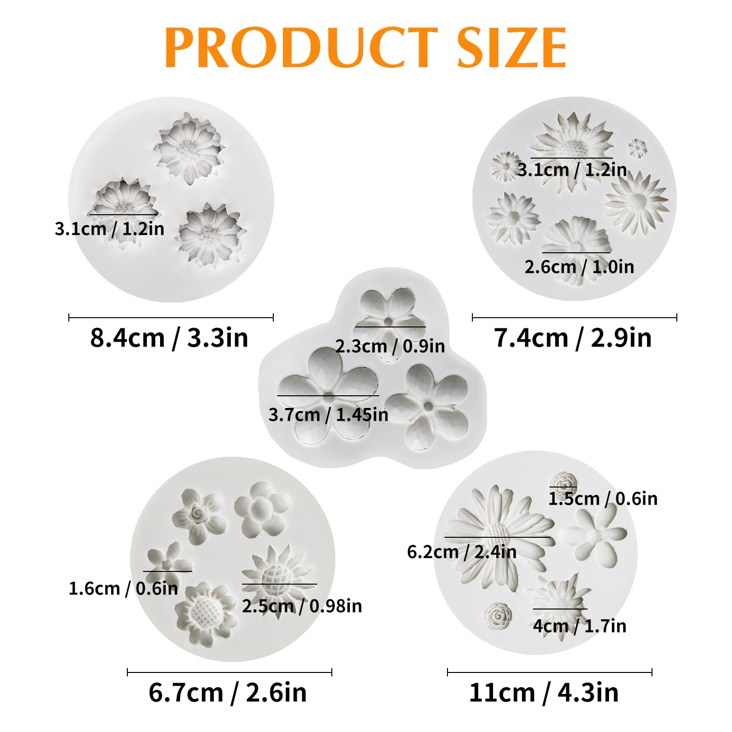 Kalaien 5 Pieces Flower Fondant Cake Molds Fondant Silicone Mold Daisy Flower,Rose Flower,Chrysanthemum Flower Candy Silicone Mo