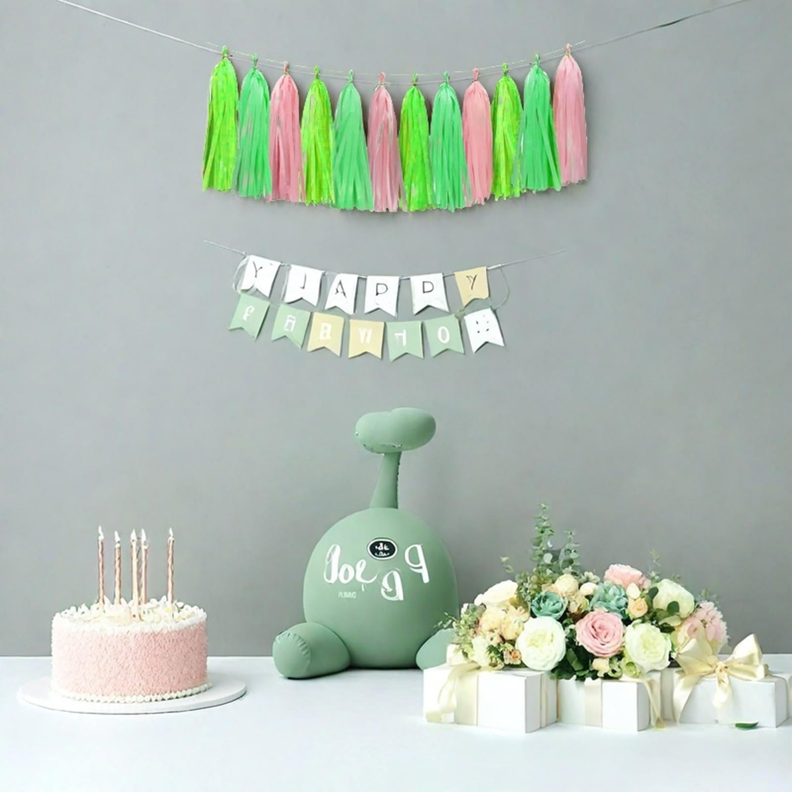 Green Light Green and Pink Tassel Garland Banner Paper Tassels for Party Decorations,Pack of 15