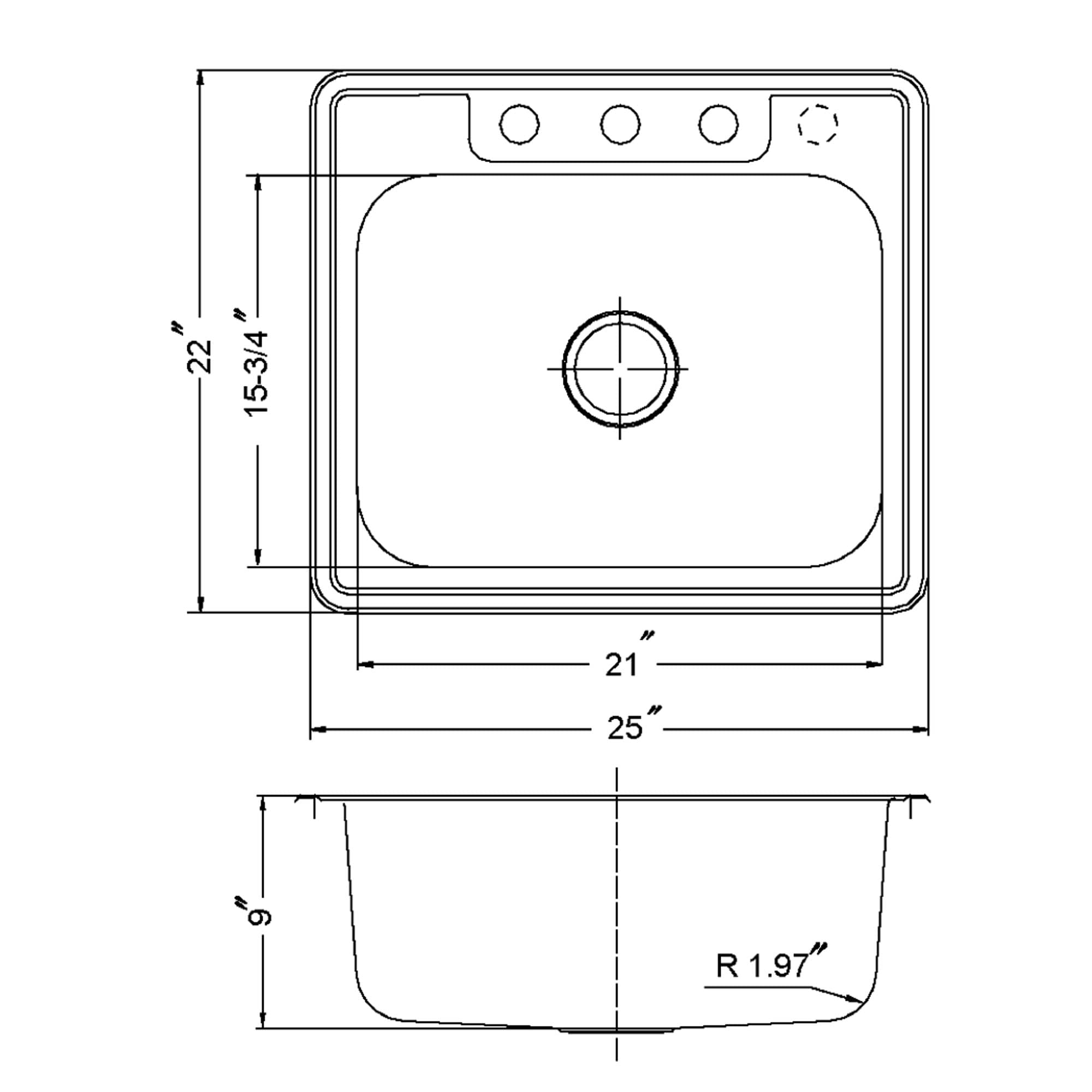Houzer Glowtone 25 Inch Stainless Steel Topmount 3-Hole Single Bowl 9 Inch Deep Kitchen Sink - 2522-9Bs3-1