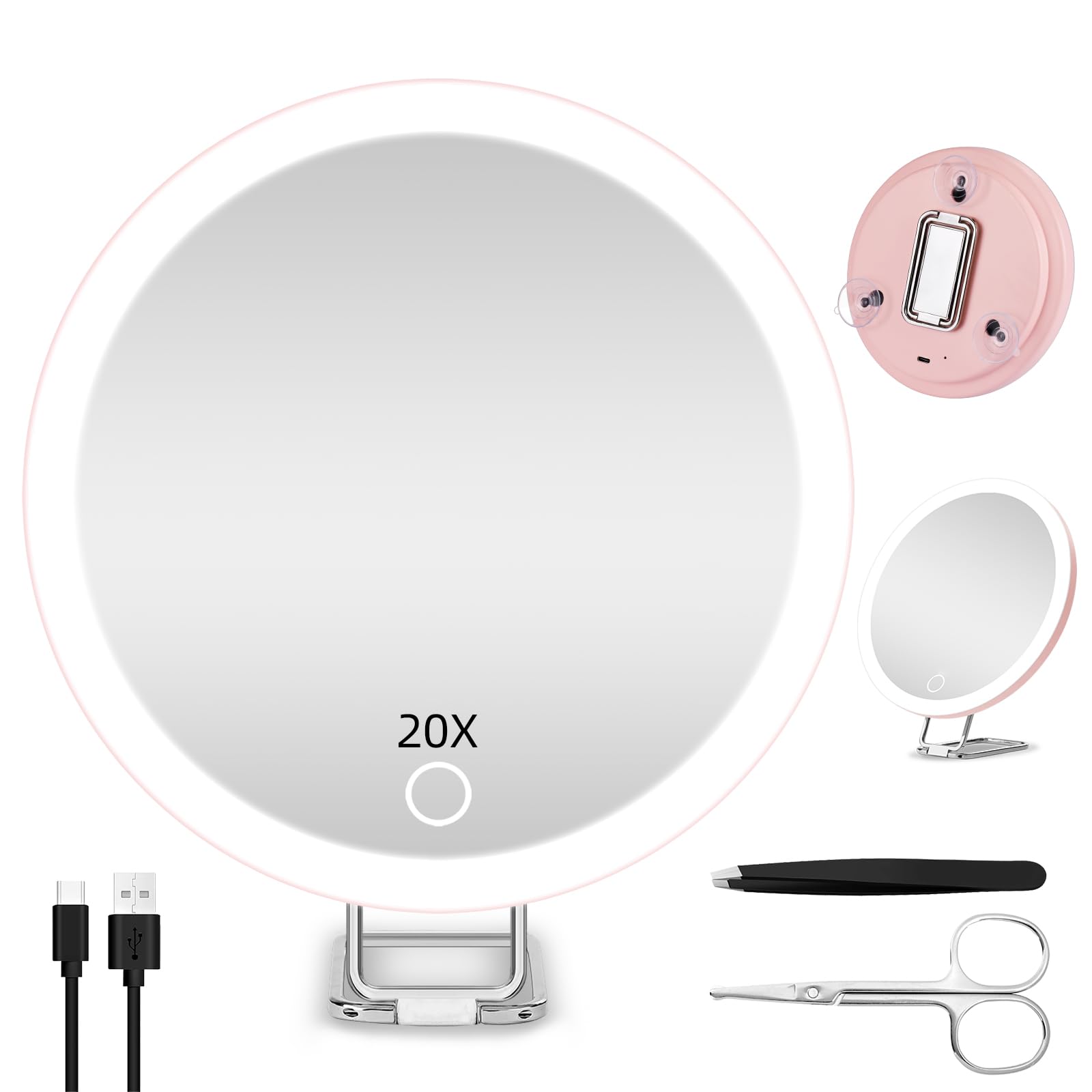 20X Magnifying Mirror With Lights, 6'' Makeup Magnified Mirror 20X High Magnification Mirror, Handheld Makeup Magnifying Mirror