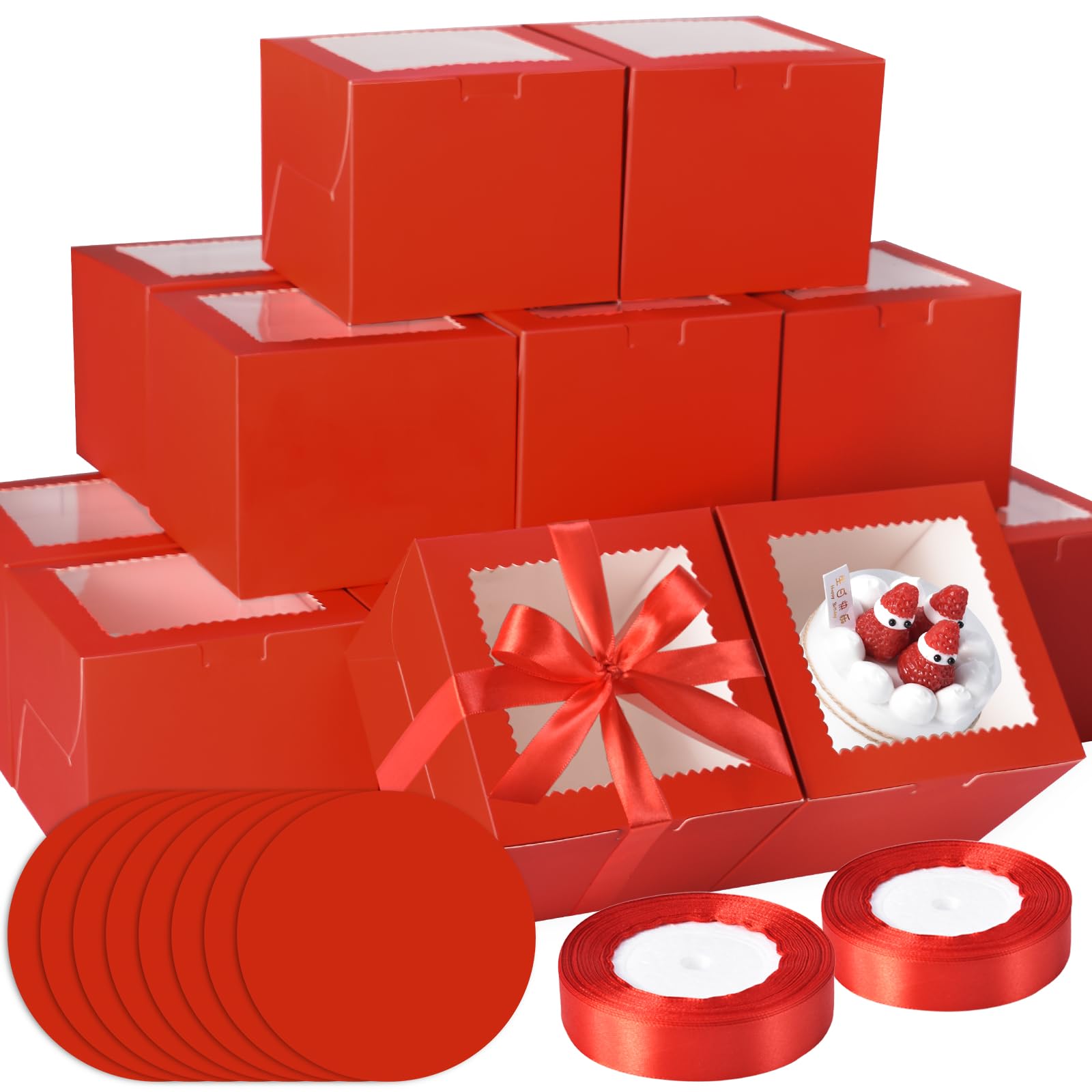 KPOSIYA 40pcs 8x8x5 inches Cake Boxes with Cake Boards(20 Boxes & 20 Boards), Red 8 inch Cake Boxes with Window,Cajas Pasteles S