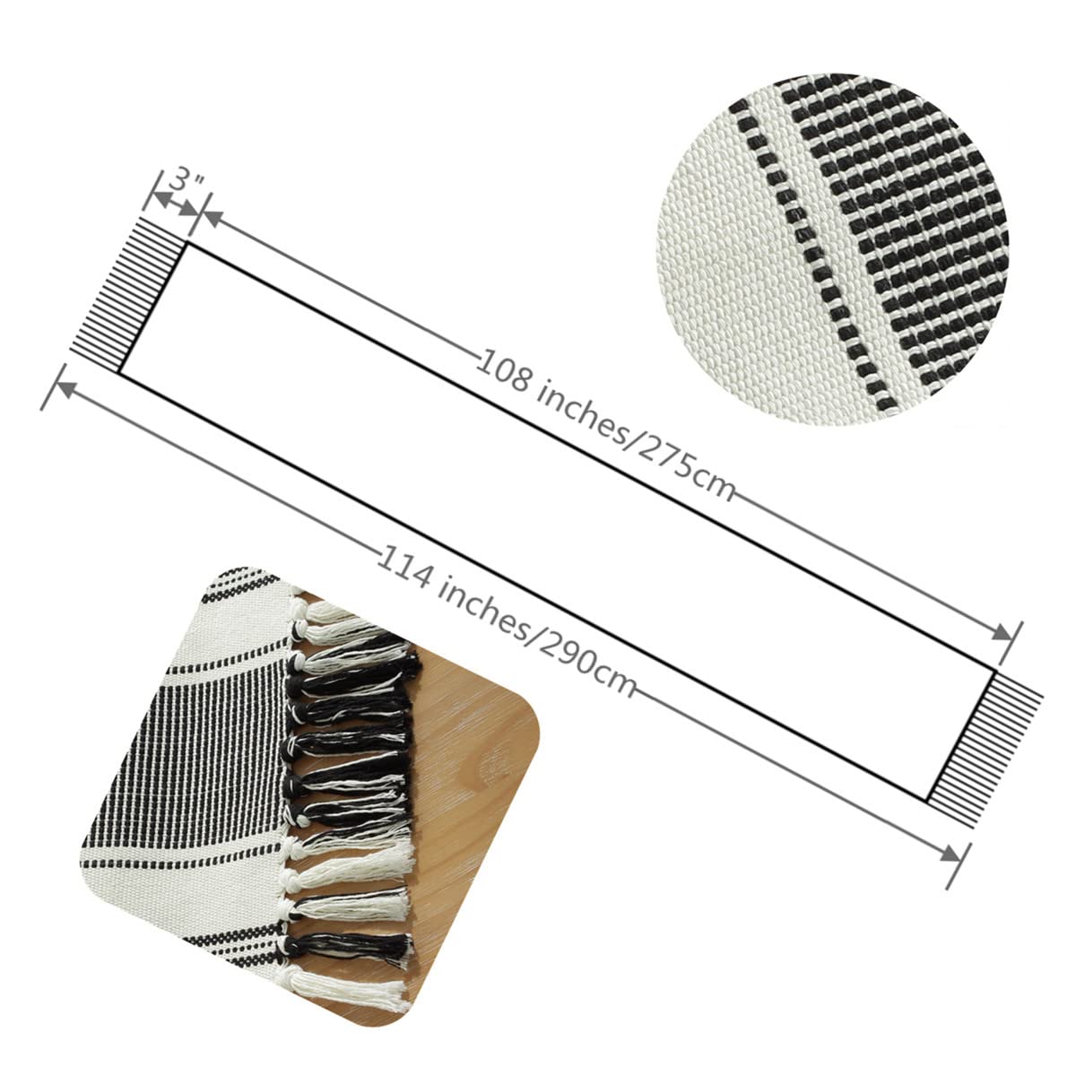 Caflife Boho Table Runner Balck And White For Modern Farmhouse Decor, Natural Cotton Woven Runner With Tassels For Home Dining T