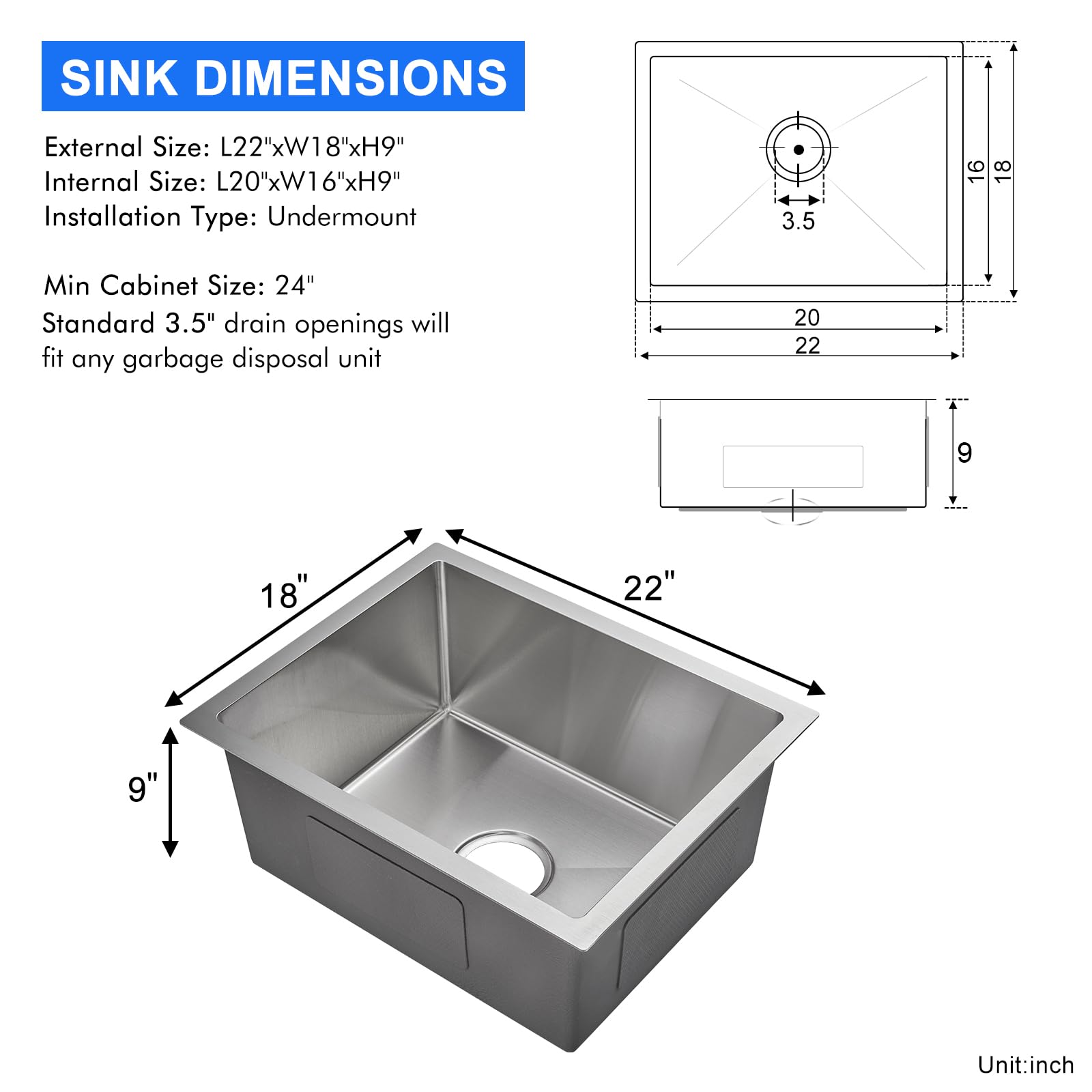 Menatt 22 Inch Undermount Kitchen Sink, 22'' X 18'' Single Bowl Kitchen Sink Undermount Stainless Steel Handmade Bar Sink With B
