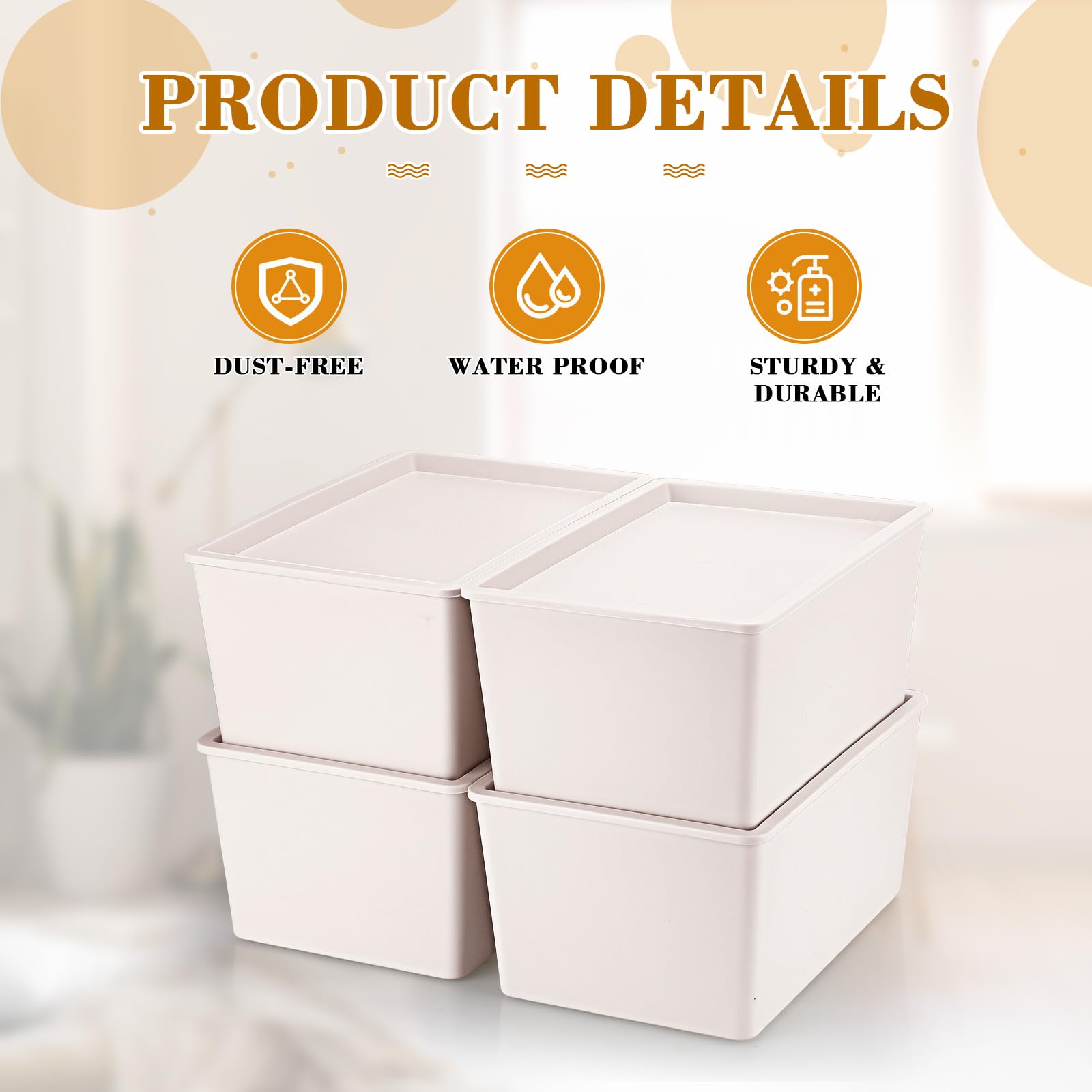 Menkxi 4 Pcs Storage Bins With Lids Plastic Storage Containers Stackable Storage Box Baskets For Organizing Shelves (Beige,Small