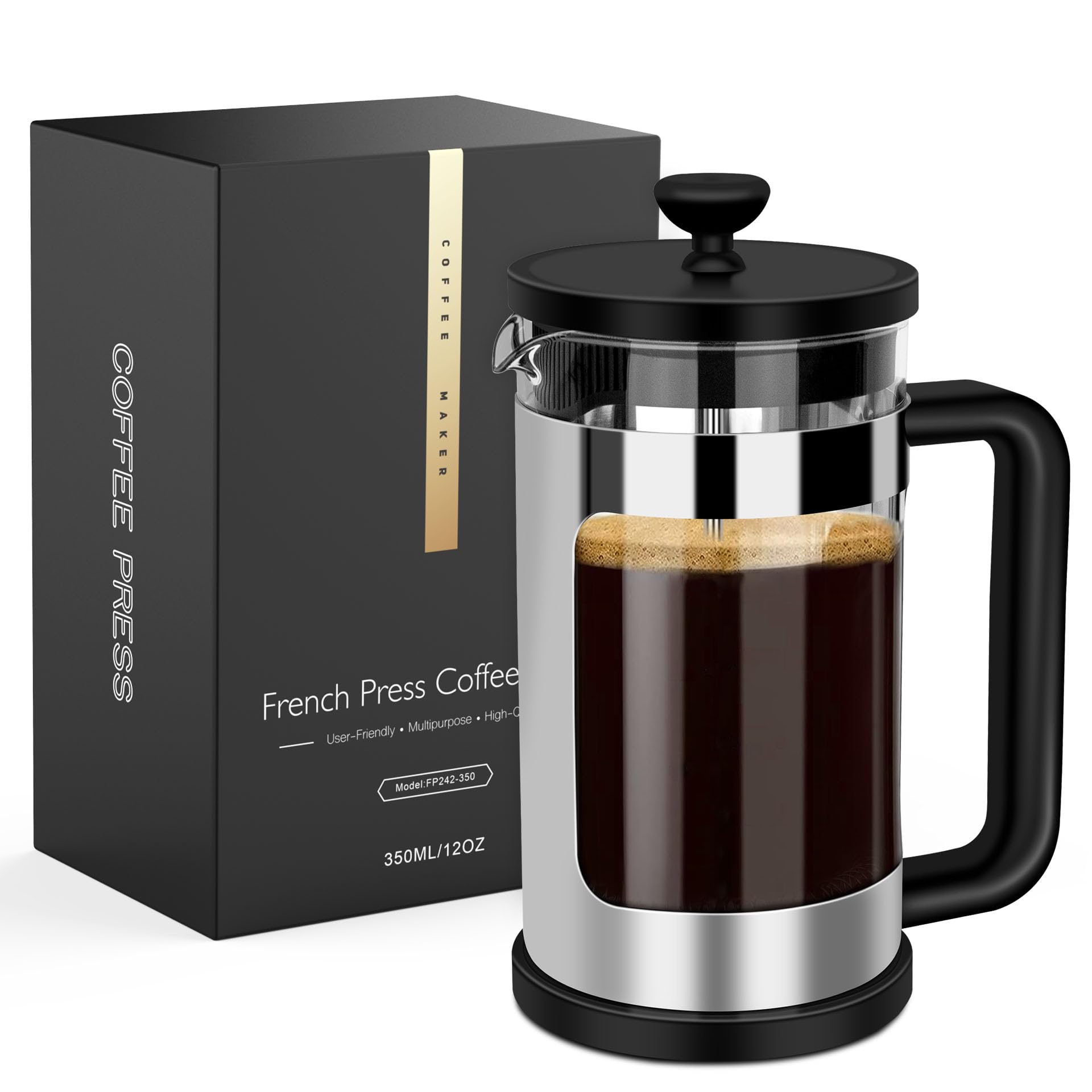 Rainbean French Press Coffee Maker 12 Oz, Mini Coffee Press 1 Cup, Single Serve French Press, With 3 Filterations, Heat Resistan