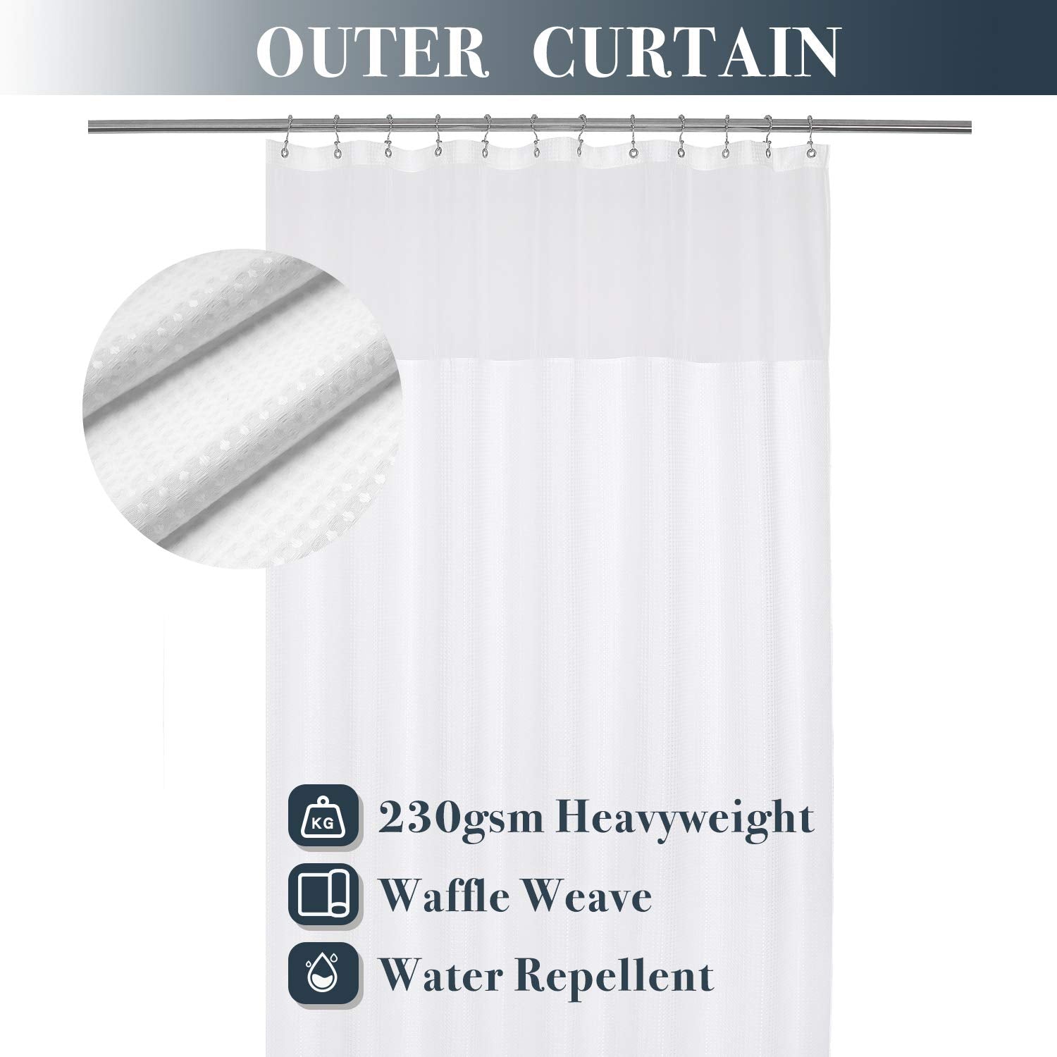 N&Y HOME Long Waffle Weave Shower Curtain 75 Inch Length with Snap-in Fabric Liner & Metal Hooks Set - Hotel Style  Waterproof & Washable  Heavyweight Fabric & Mesh Top Window - 71x75  White