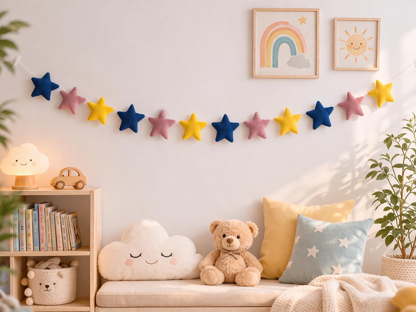 Peach Cuddle Velvet Fabric Star Bunting For Kids Room And Nursery  Wall Decoration Garland In Blue, Yellow, Purple (Pack Of 1, 