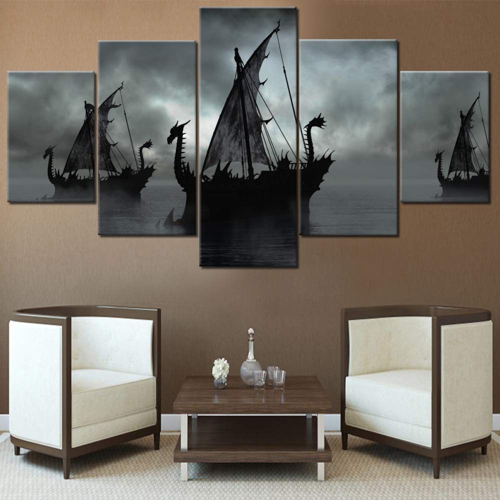 Norse Decor Black And White Painting Vikings Ship Artwork Fantasy Sailing Boat Pictures For Living Room Home 5 Panel Dragon Canv