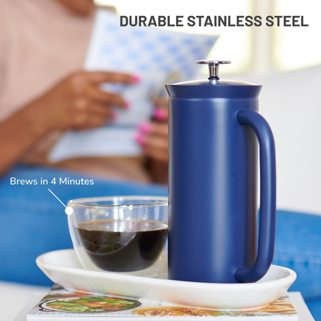 Espro P7 French Press Coffee Maker - Double-Walled Stainless Steel Insulated With Micro-Filter, 32 Ounces, Aegean Blue