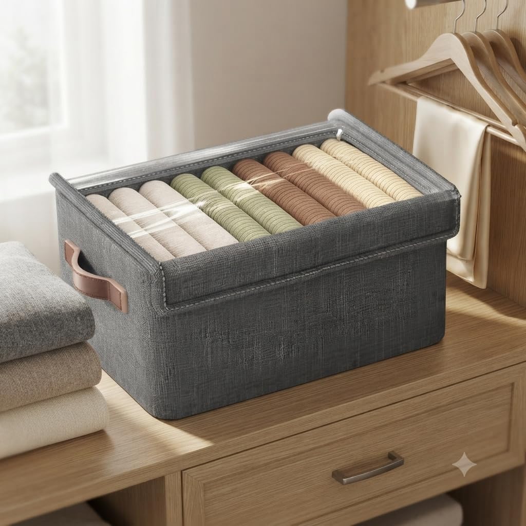 Femorra Fabric Wardrobe Organizer Box  Foldable Clothes Storage Bin With Metal Frame & Lid | Closet Shelf Organizer For Pants, 