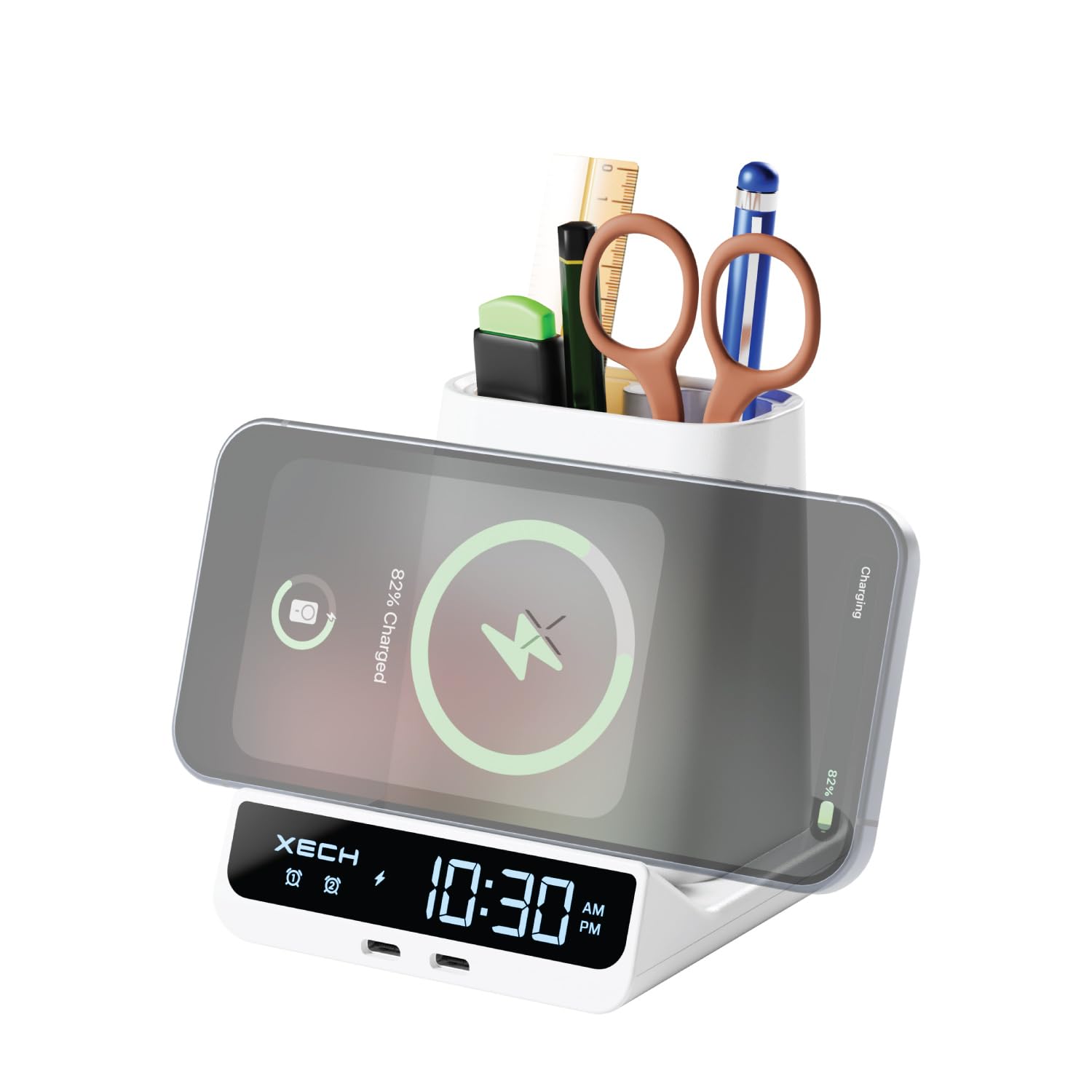 Xech Digital Alarm Clock For Heavy Sleepers | 15W Fast Wireless Charger & Dual Usb-C Ports | Type-C Input | Birthday Gift For Hu
