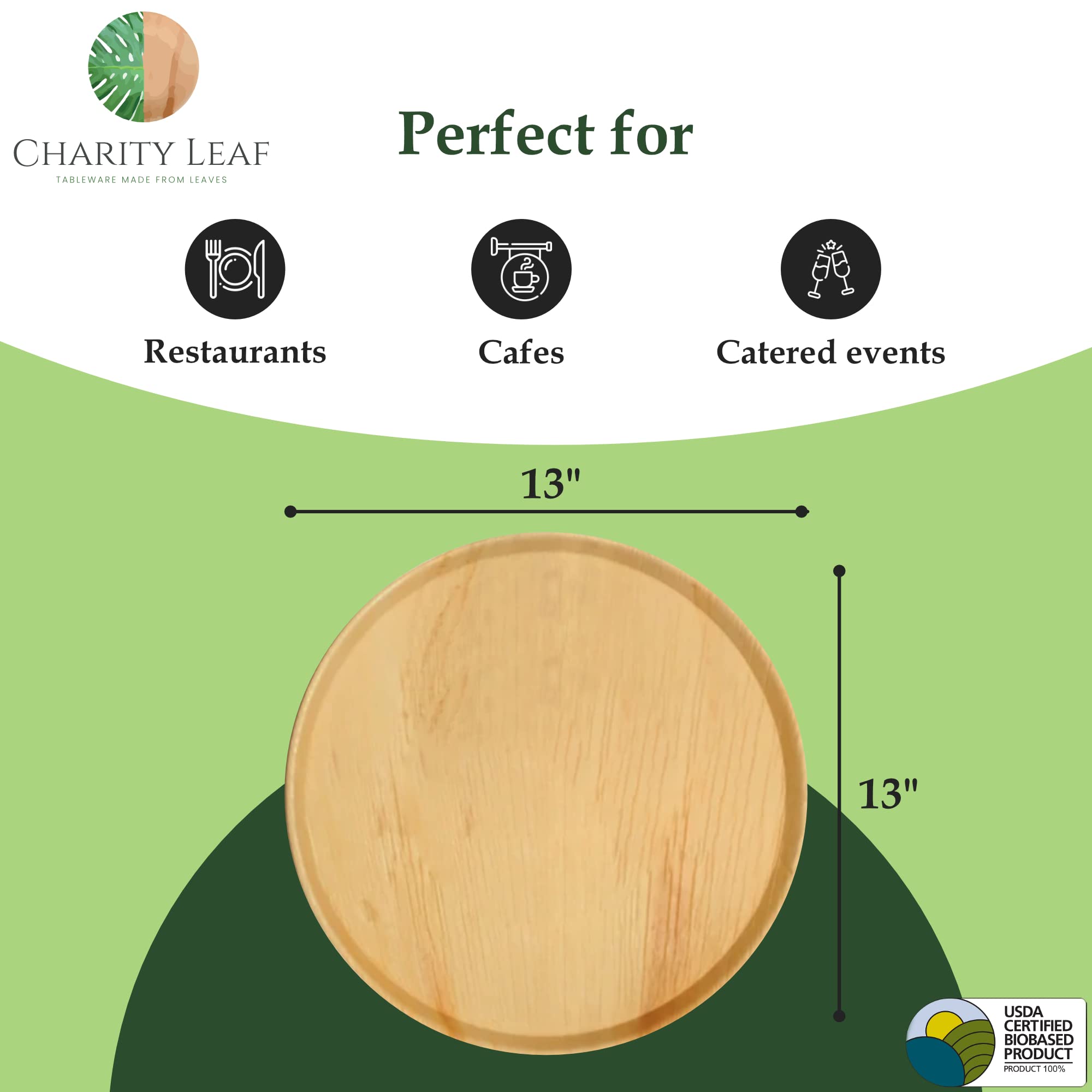 Charity Leaf Disposable Palm Leaf 13'' Round Flat Trays (10 Pieces) Bamboo Like Serving Platters, Disposable Boards, Eco-Friendl