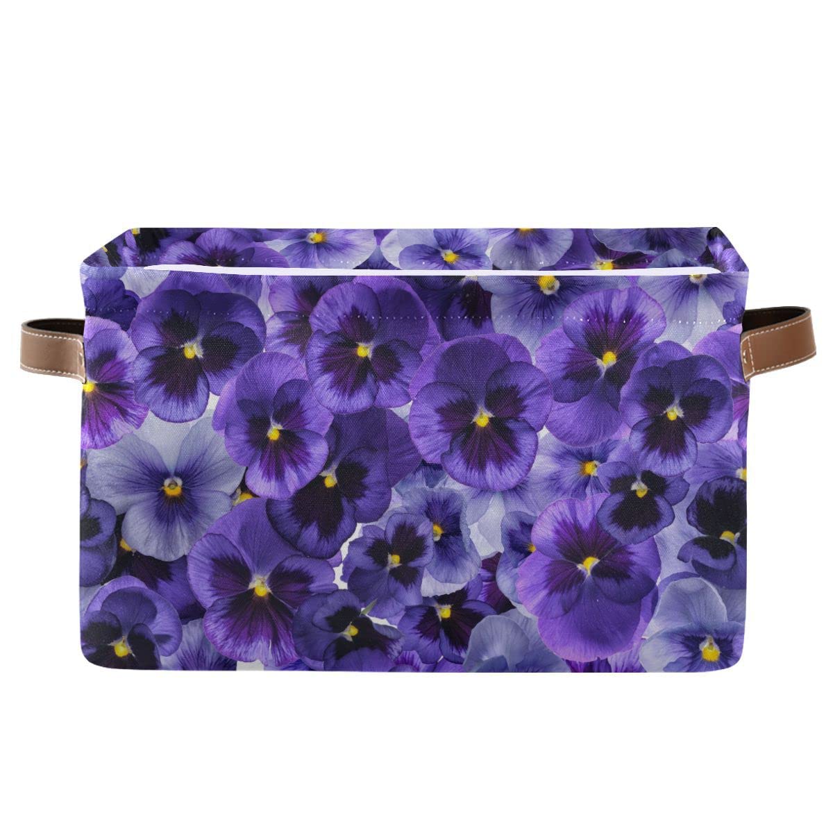 Xigua Purple Violet Flowers Storage Basket Collapsible Toy Storage Bins Waterproof Canvas Storage Basket With Leather Handles Fo