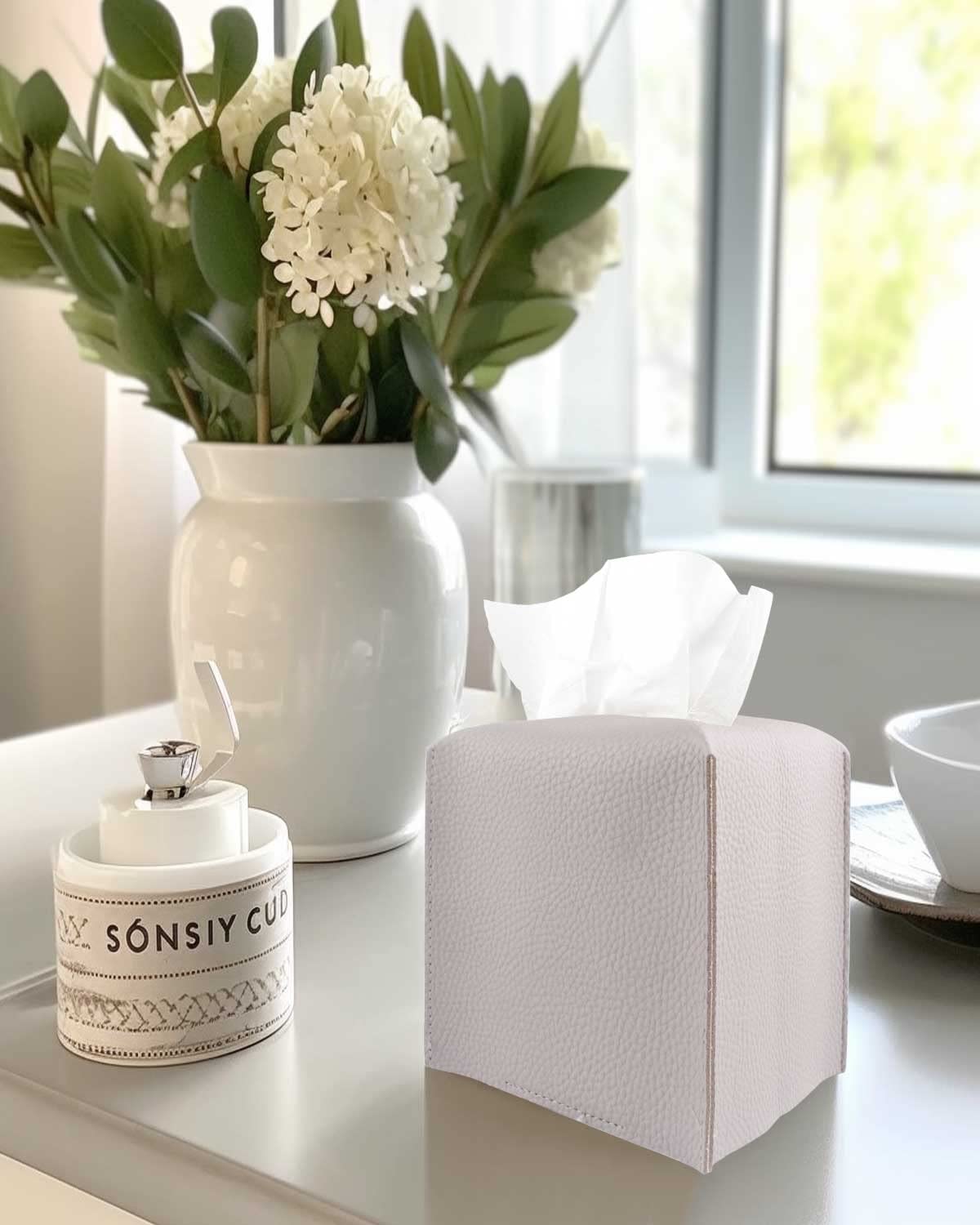 Light Purple Tissue Box Cover Square - With Bottom Belt [Jesmini] Modern Pu Leather Tissue Box Holder Decorative For Bathroom Va