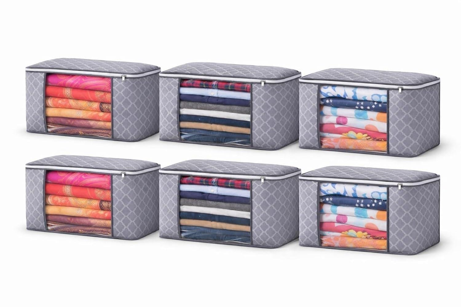 Clothes Storage Organizer Bags With Transparent Front Window And Zip Closure, (Grey, Pack Of)