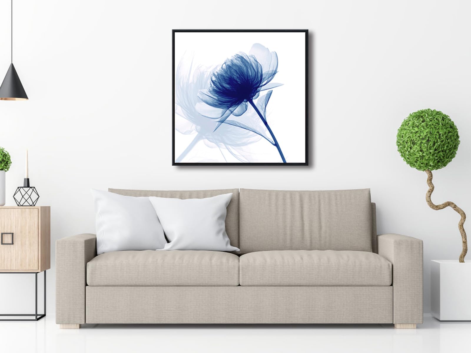 Pyradecor Large Black Framed Blue Flickering Flower Modern Paintings Canvas Wall Art Grace Floral Pictures On Canvas Prints One