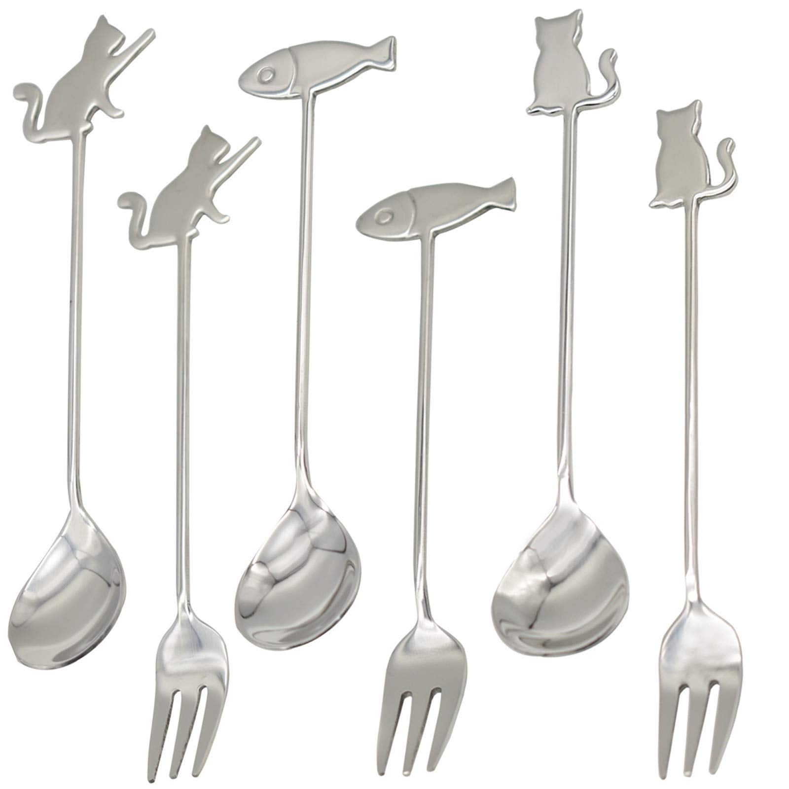 Maydahui 6Pcs Cat Fish Spoon And Fork Cute Coffee Animal Spork 5.8 Inch 18/10(304)Stainless Steel Teaspoon Dessert Drink Sugar S