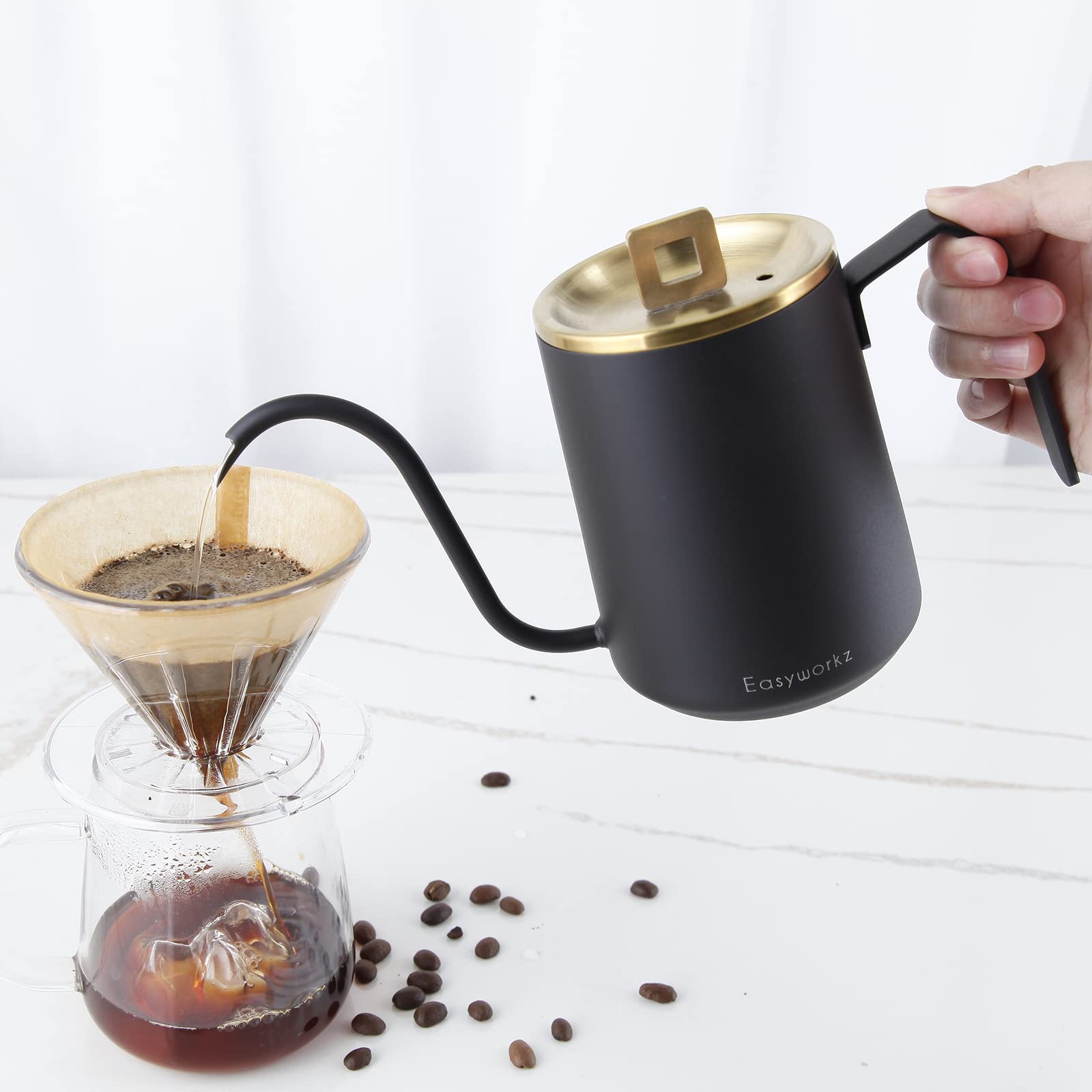 Easyworkz Gooseneck Pour Over Coffee Kettle 20 Oz Stainless Steel Hand Drip Coffee Pot With Long Narrow Spout, Brass Gold Black
