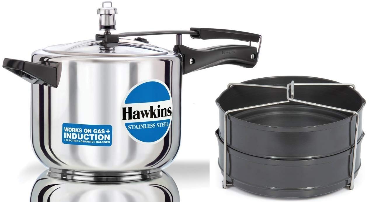 Hawkins Stainless Steel Outer Lid Pressure Cooker, 5 Litres With Hard Anodised Two Dish Set / Seperator, 5 Liter