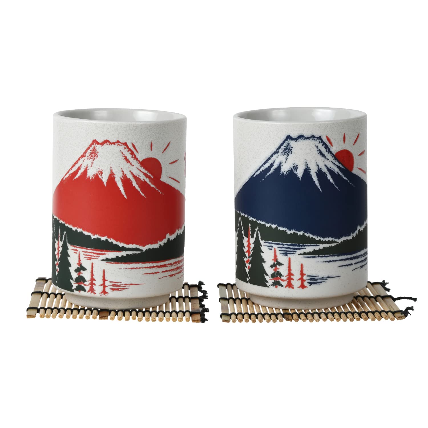 Love Love Japan Japanese Tea Cups Sushi-Yunomi Mino Ware With Bamboo Coaster (Set Of 2) (Mt. Fuji)