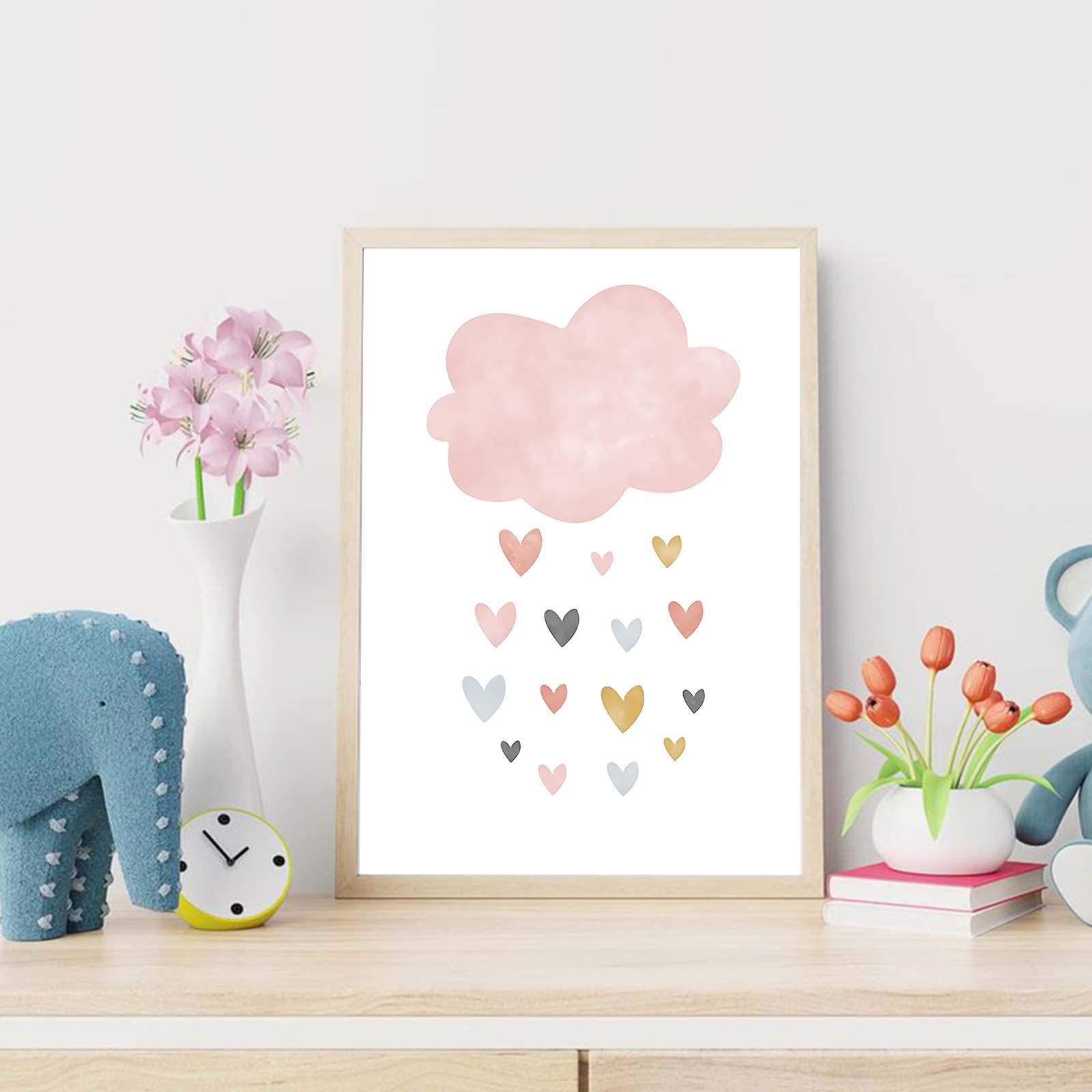 Recrtain Nursery Wall Prints Pink Sunshine Rainbow Cloud Canvas Wall Art, Child Wall Art Poster Boho Nordic Wall Pictures For Gi