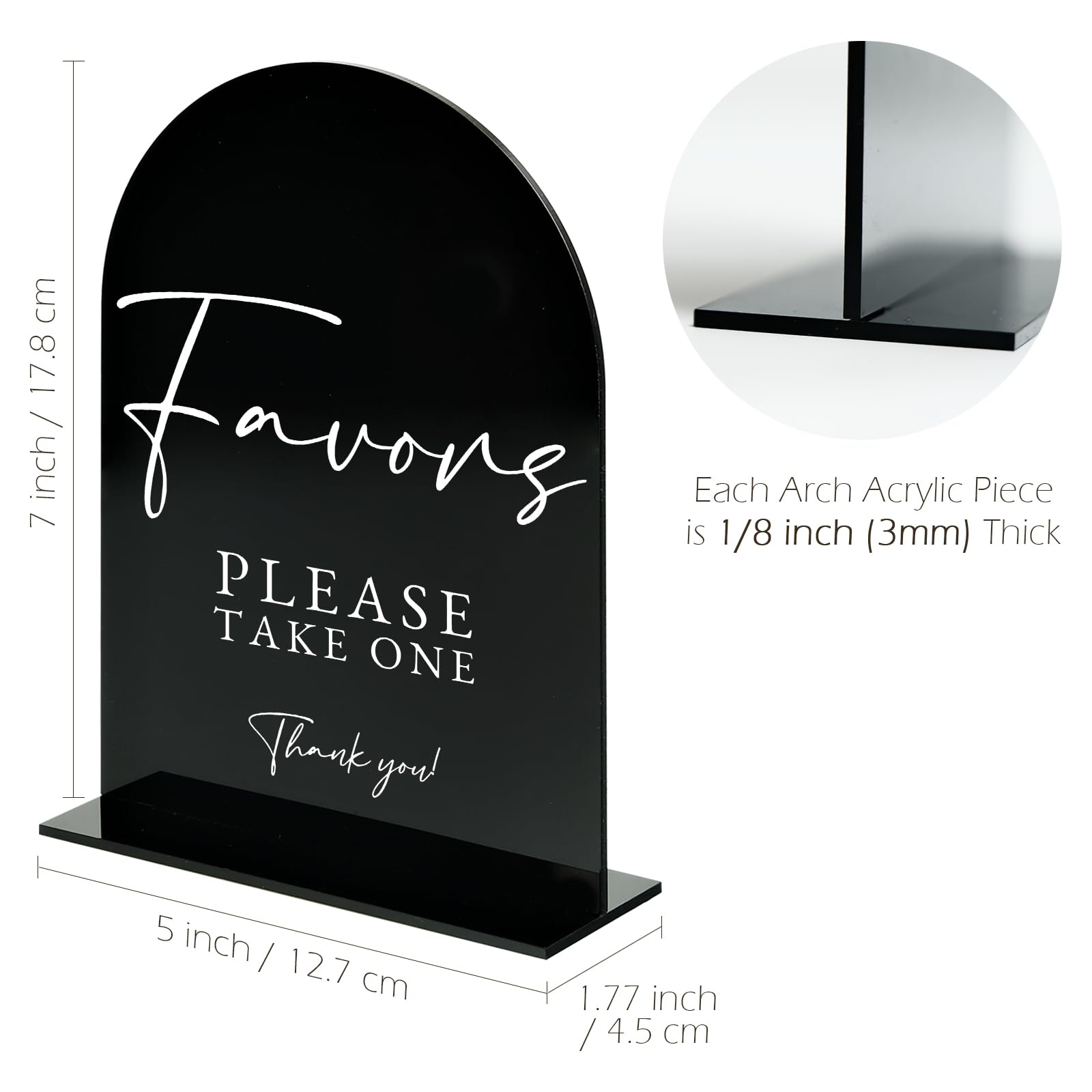 Acrylic Favors Sign with Stand- 5x7 Black Arched Wedding Sign and Base,1/8 Thick | Modern Calligraphy Arch Acrylic TableTop Sign