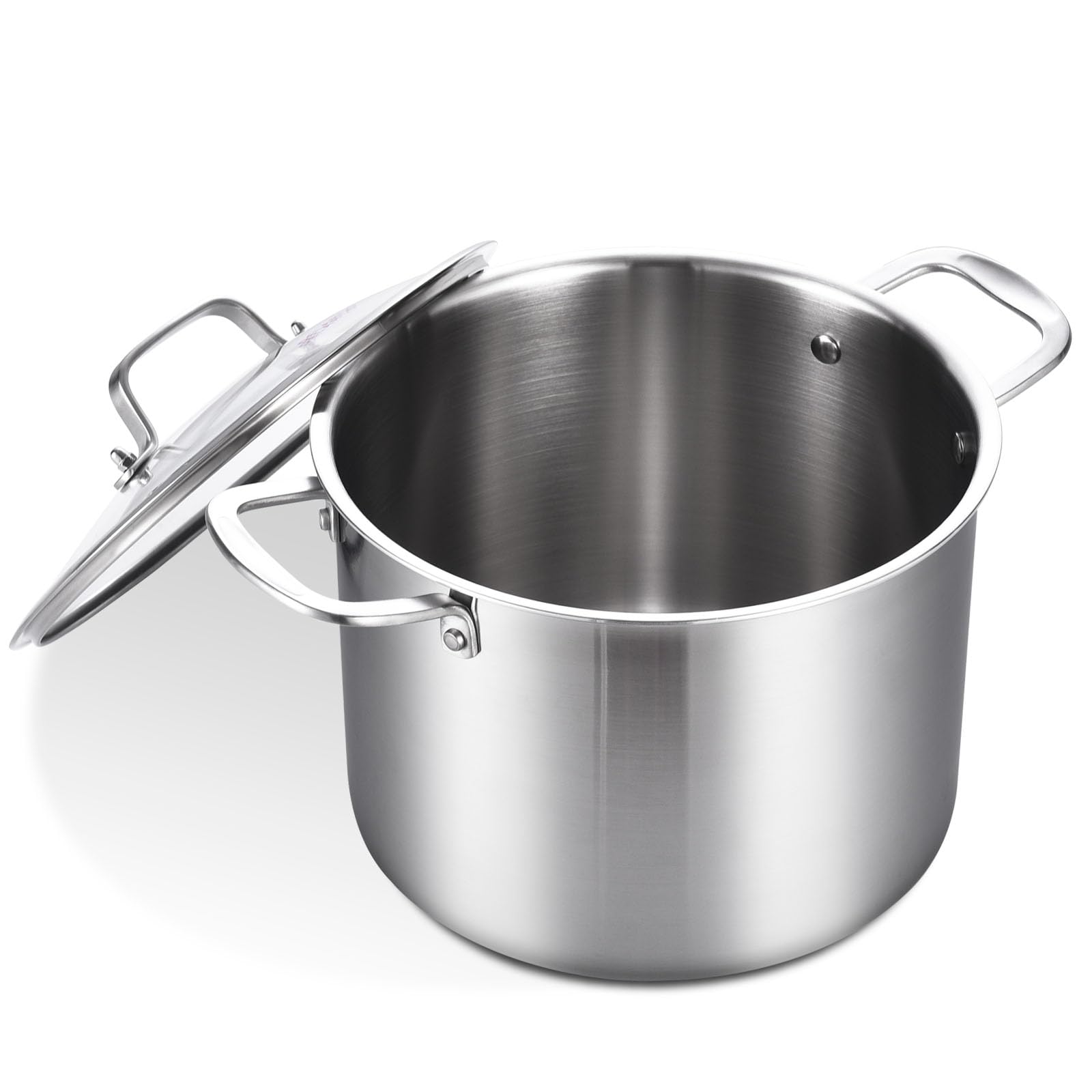 Moutius 8-Qt Stock Pot With Lid, Stainless Steel For High Heat, Crock For Simmering, Tri-Ply Bottom, Clear Glass Lid, Double Han