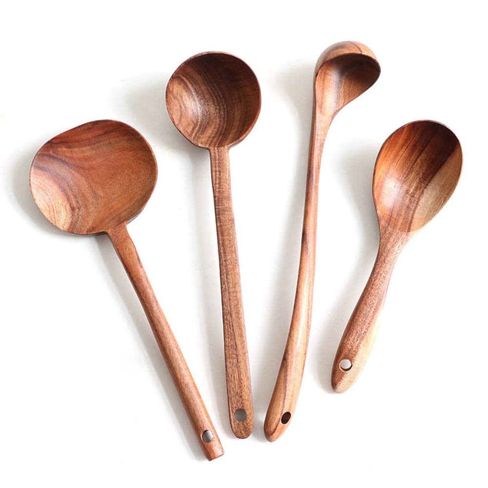 Fjnatinh Wooden Soup Ladle Set, Kitchen Spoon Set Utensils, 4 Pcs Handmade Natural Teak Cooking Spoons, Long Handle Wooden Soup